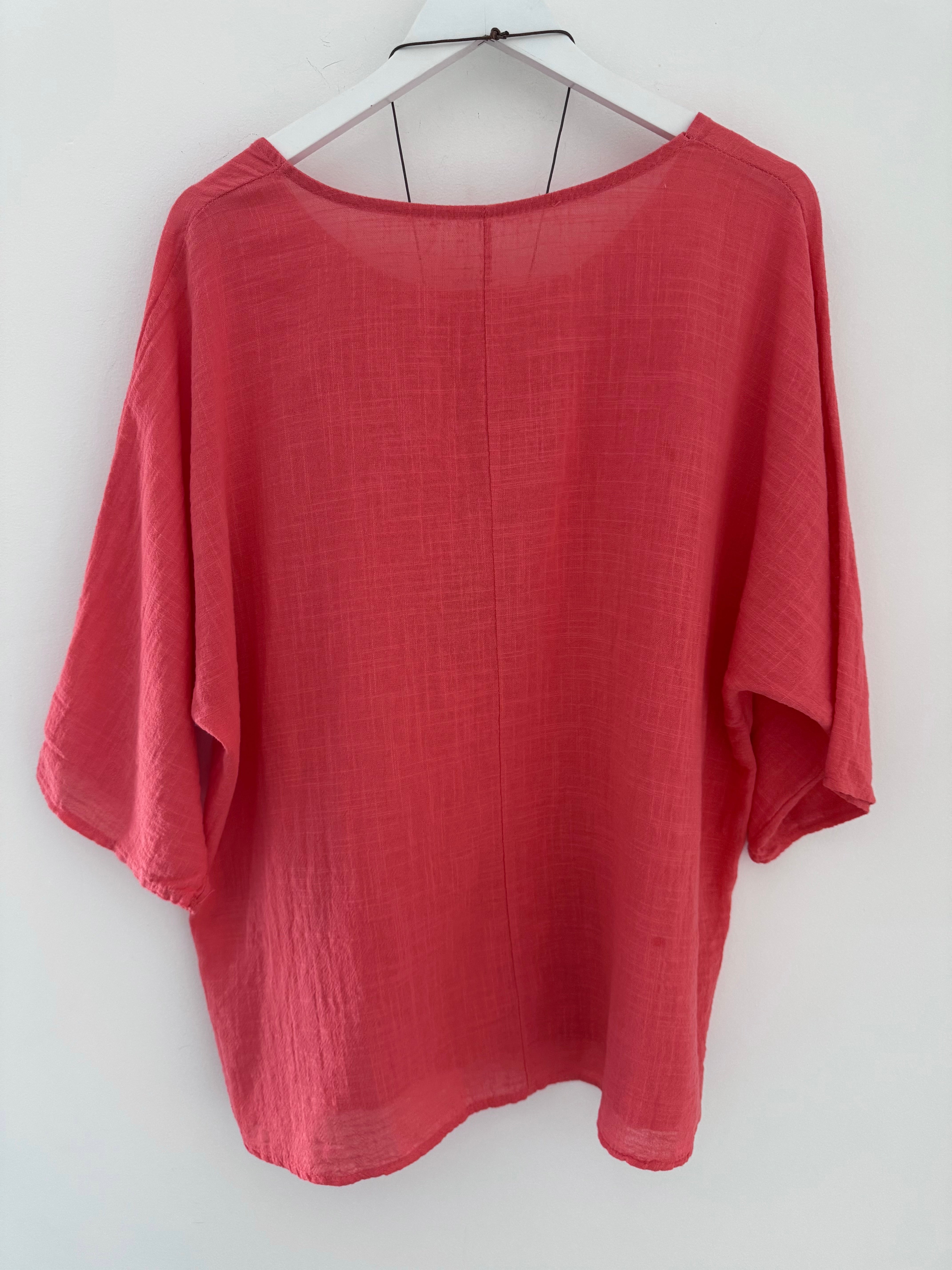 Simple Cotton Scoop Neck Top in Coral