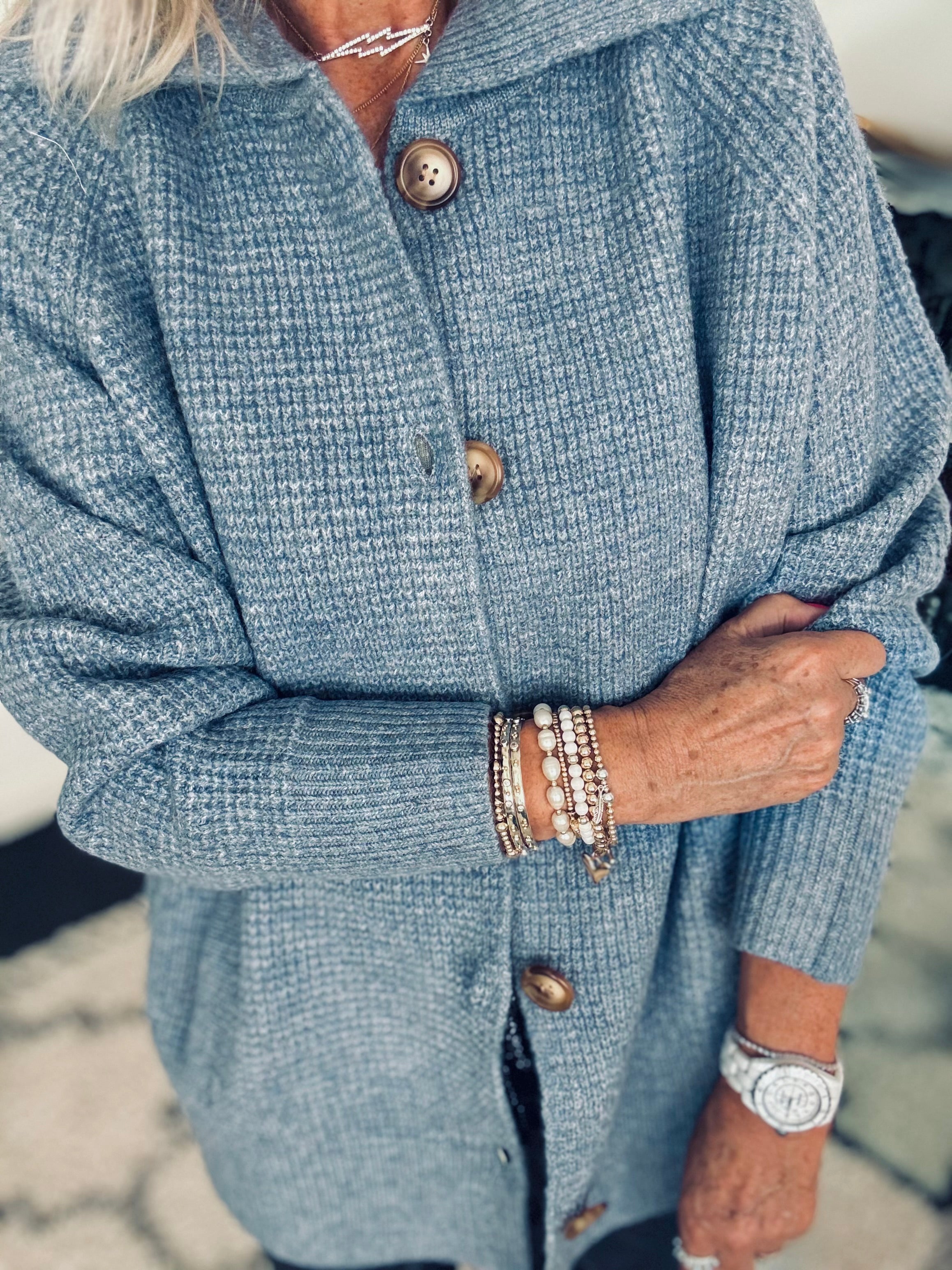 Fisherman Rib Knitted Jacket in Blue