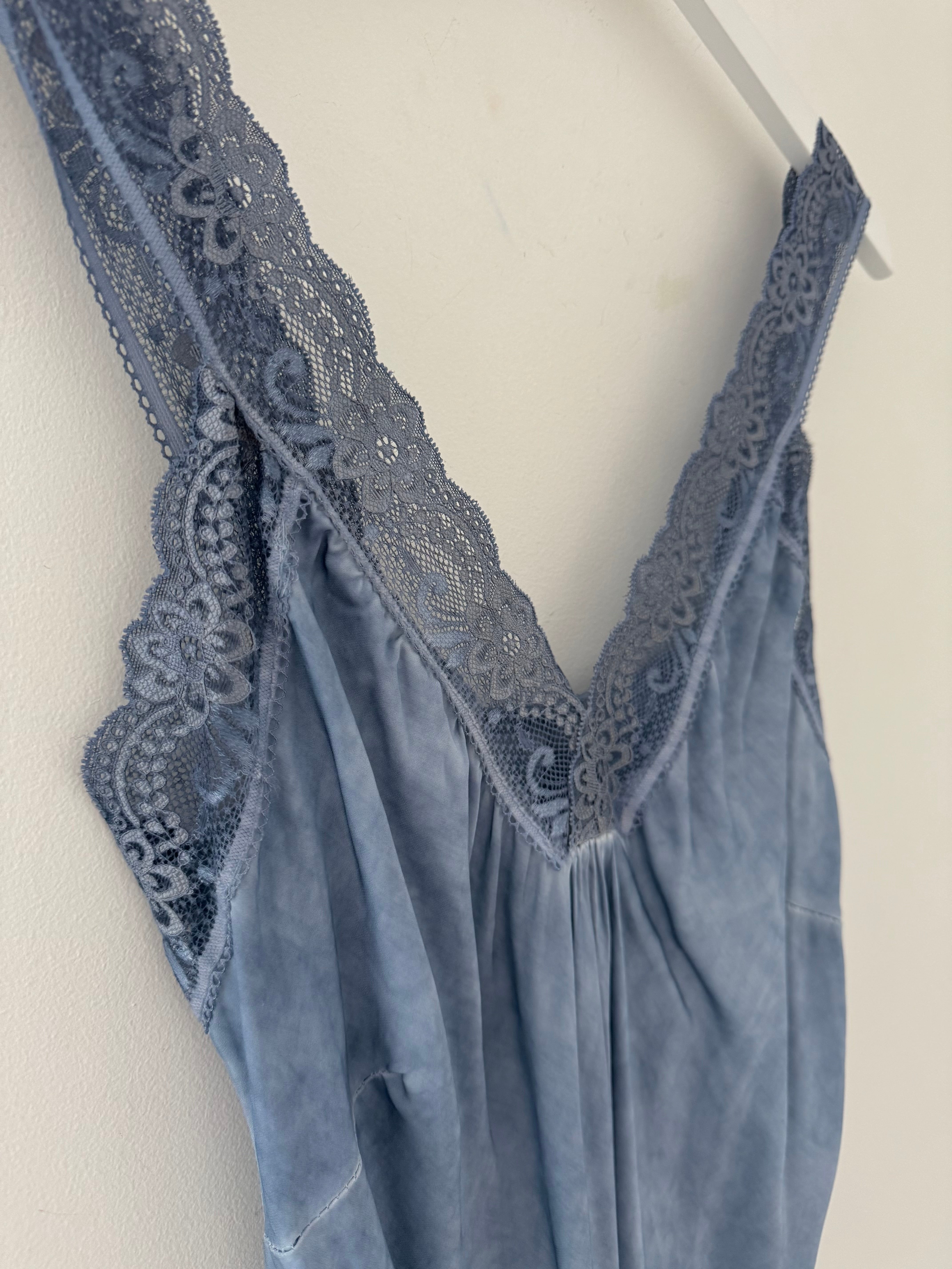 Lace Trim Silky Vest in Light Denim