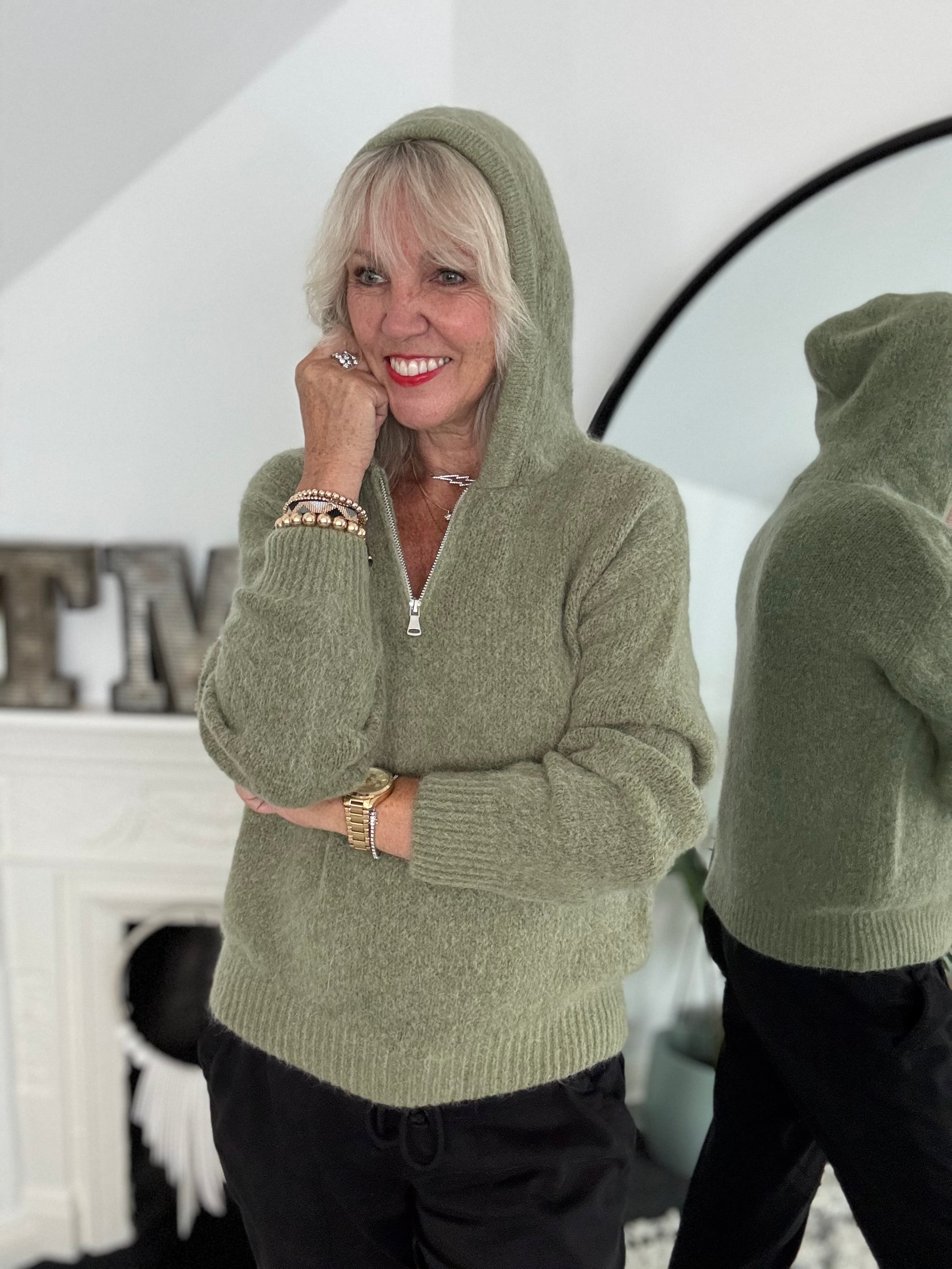 Hooded Mohair Jumper in Khaki Olive