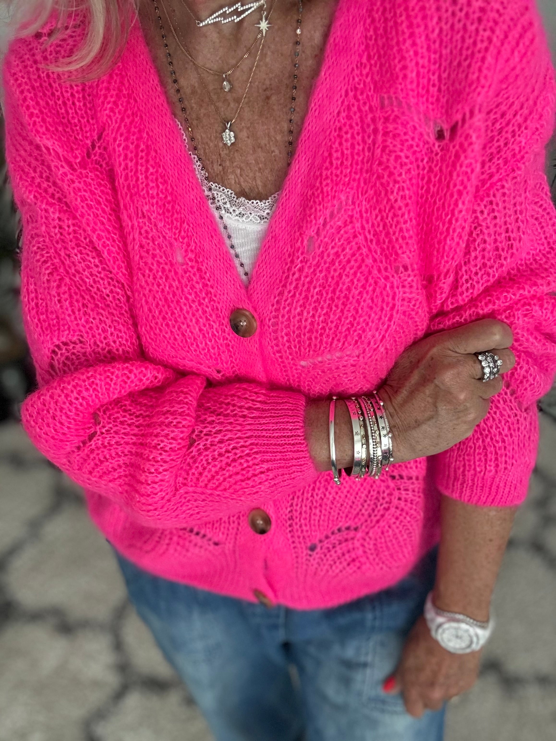 Lace Mohair Cardi in Neon Pink