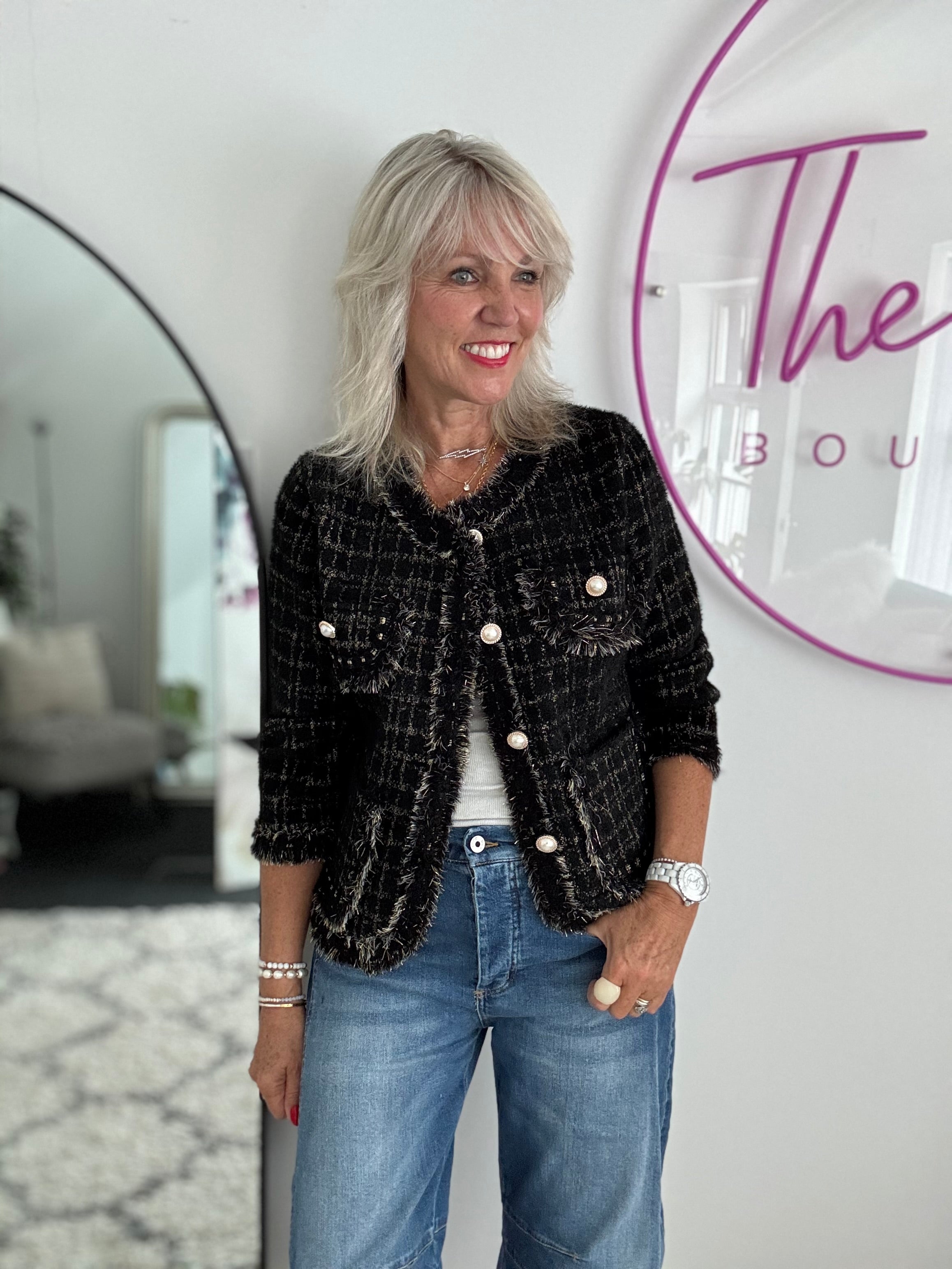 Pearl Button & Tweed Cardi Jacket in Black
