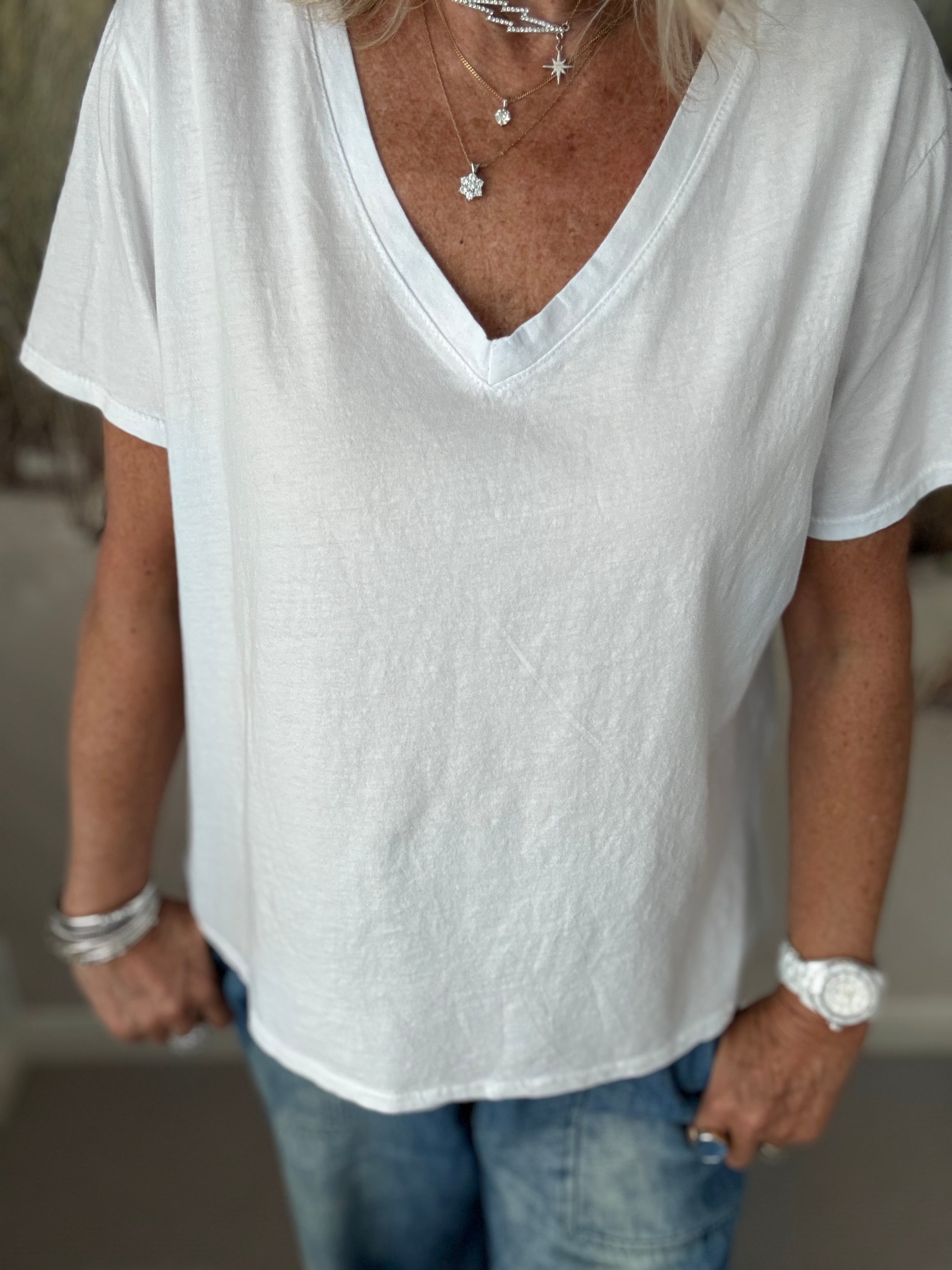 Cotton V Neck Tee in White