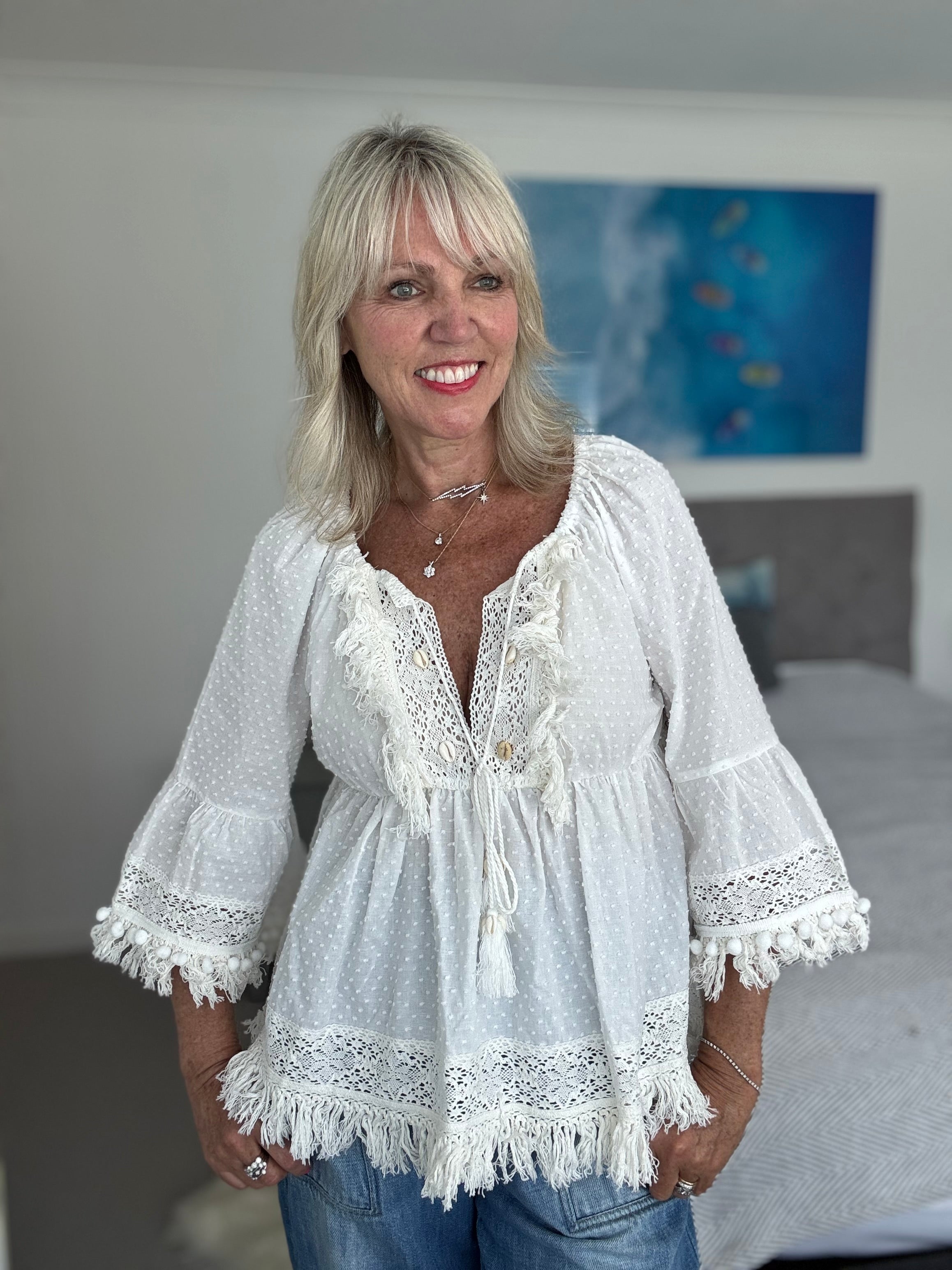 Cotton Boho Blouse in Ivory
