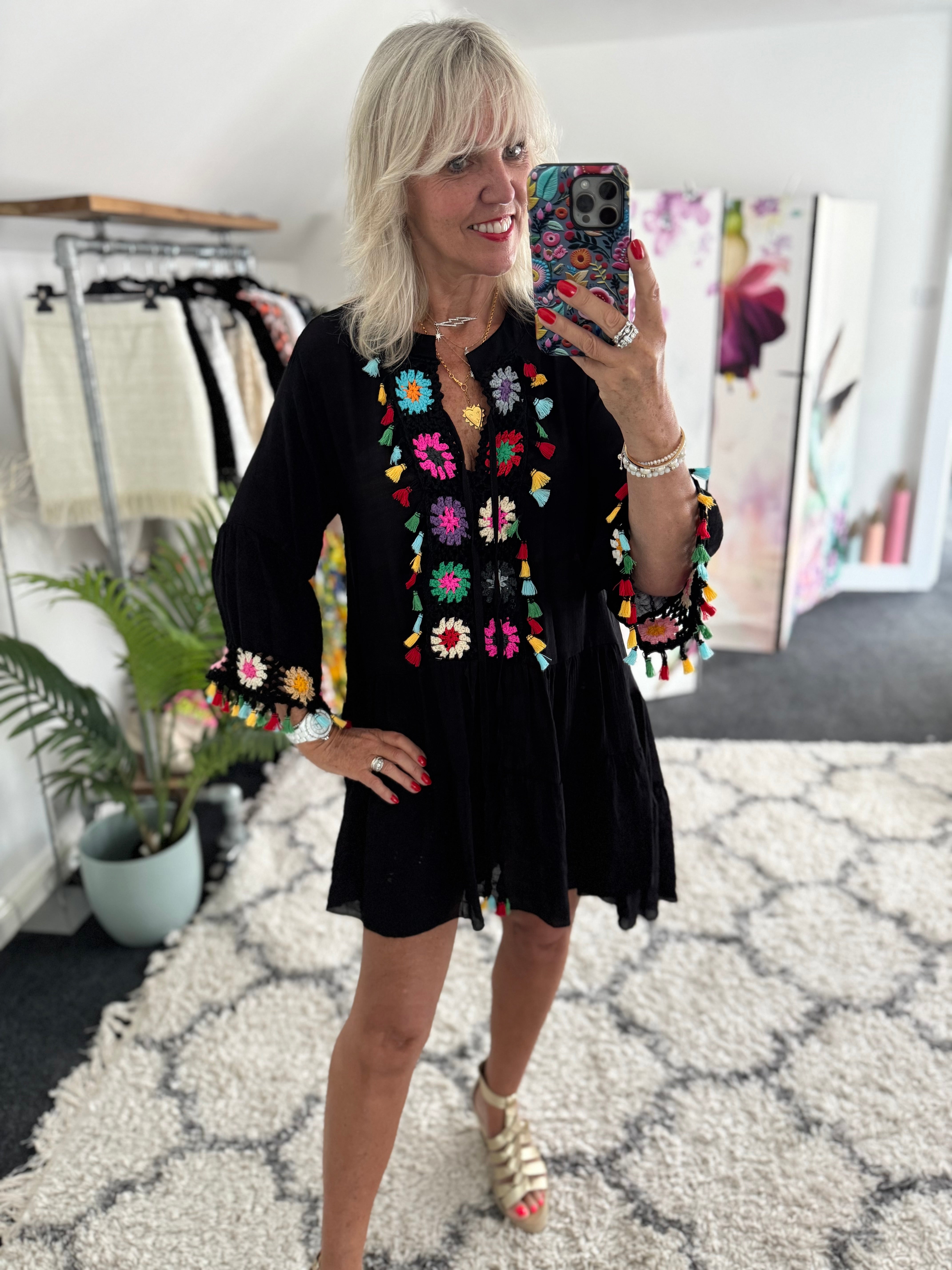 Cotton Mix Sundress with Crochet Detail in Black