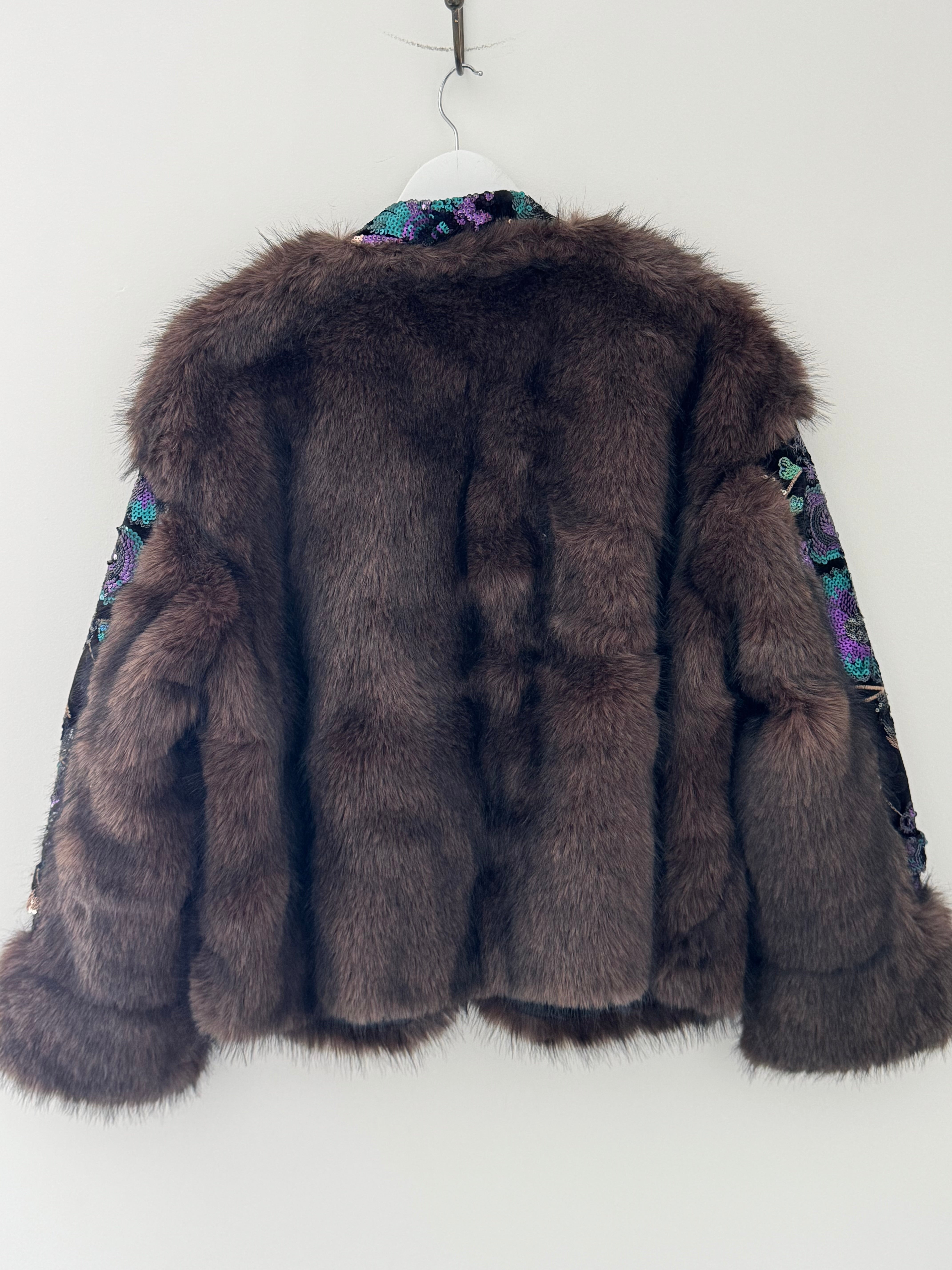 Faux Fur Jacket with Sequin Sleeves