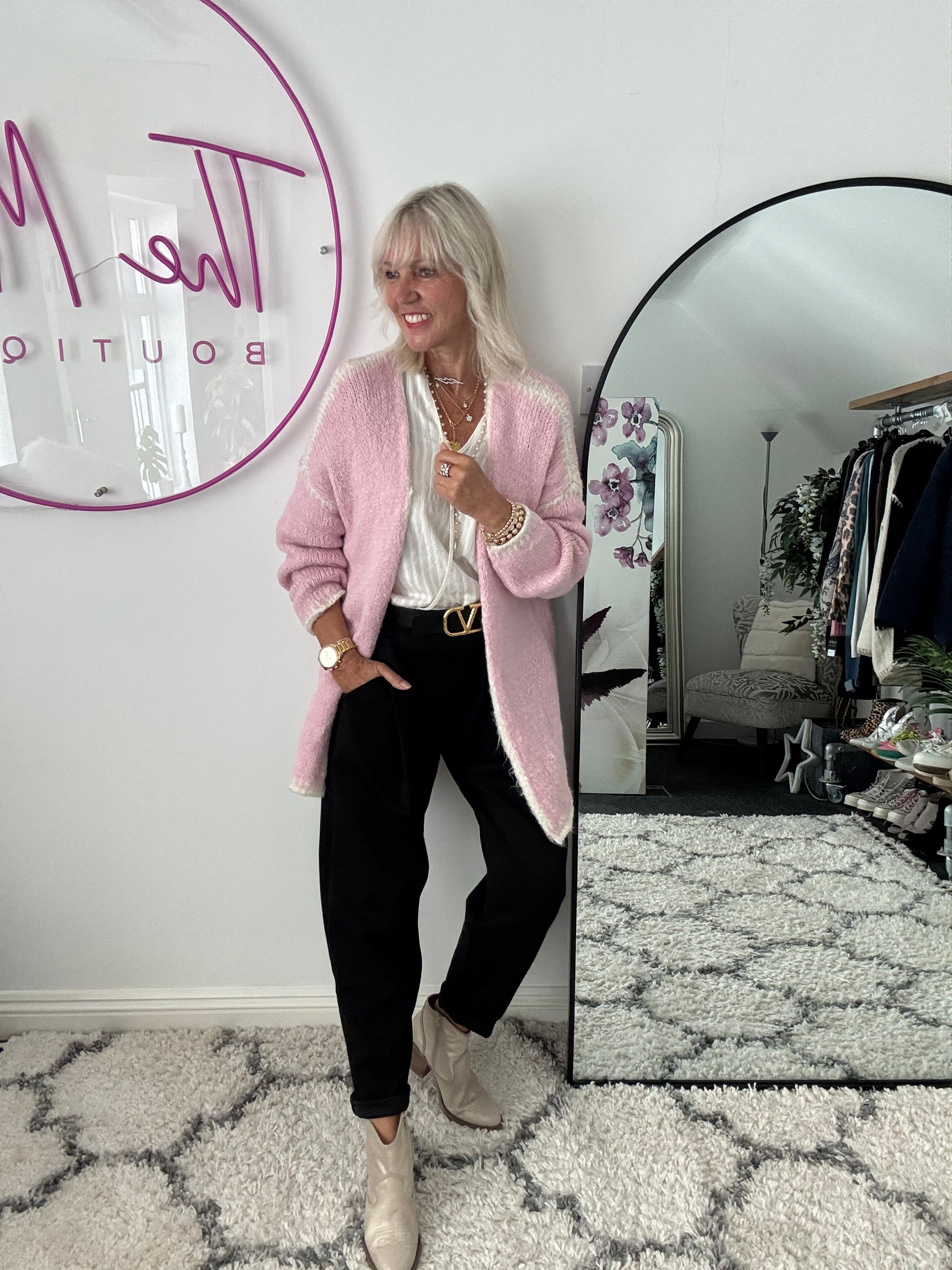 Whip Stitch Cardi in Pink & Ivory