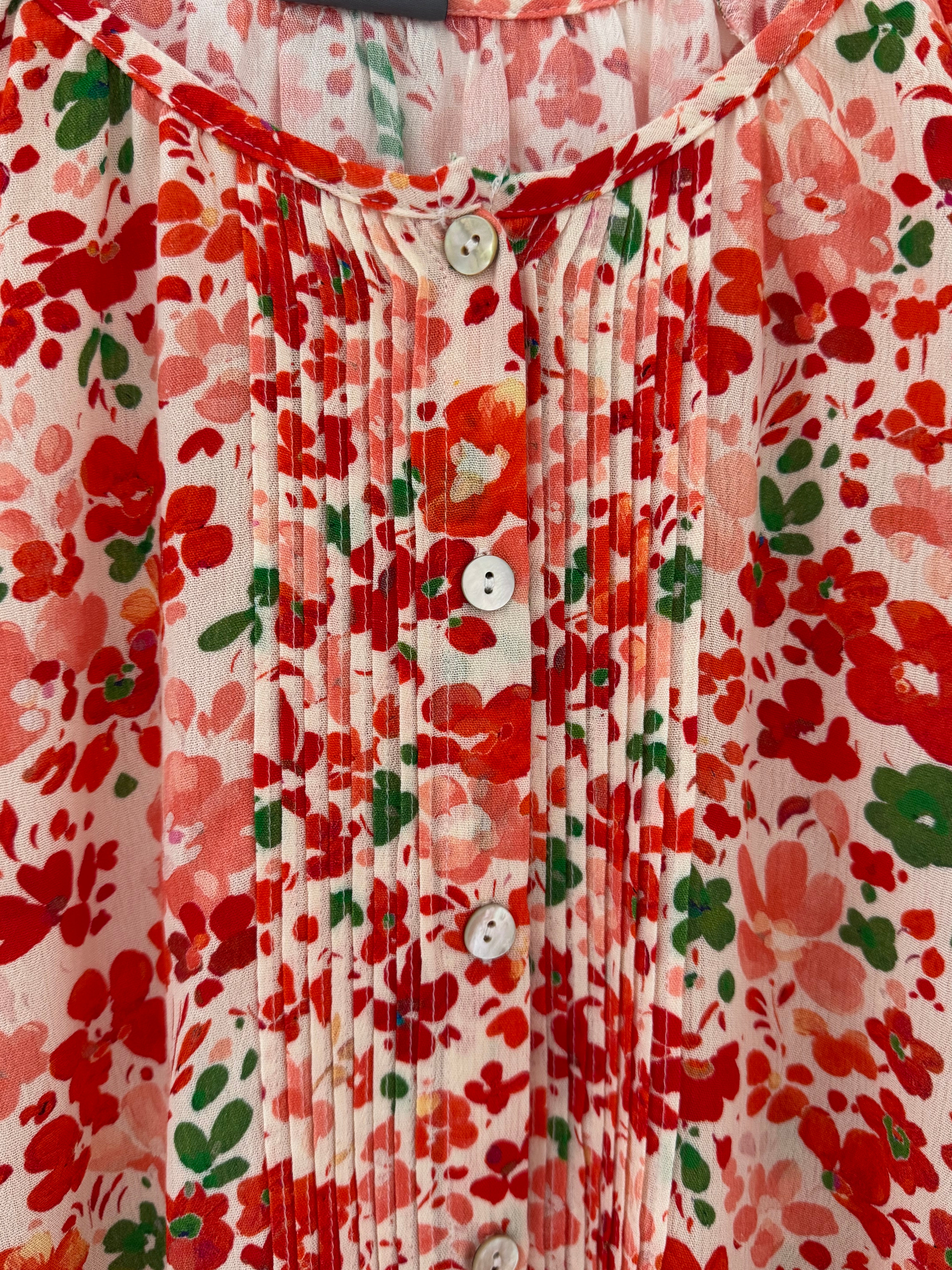 Pintuck Ditsy Blouse in Orange & Red