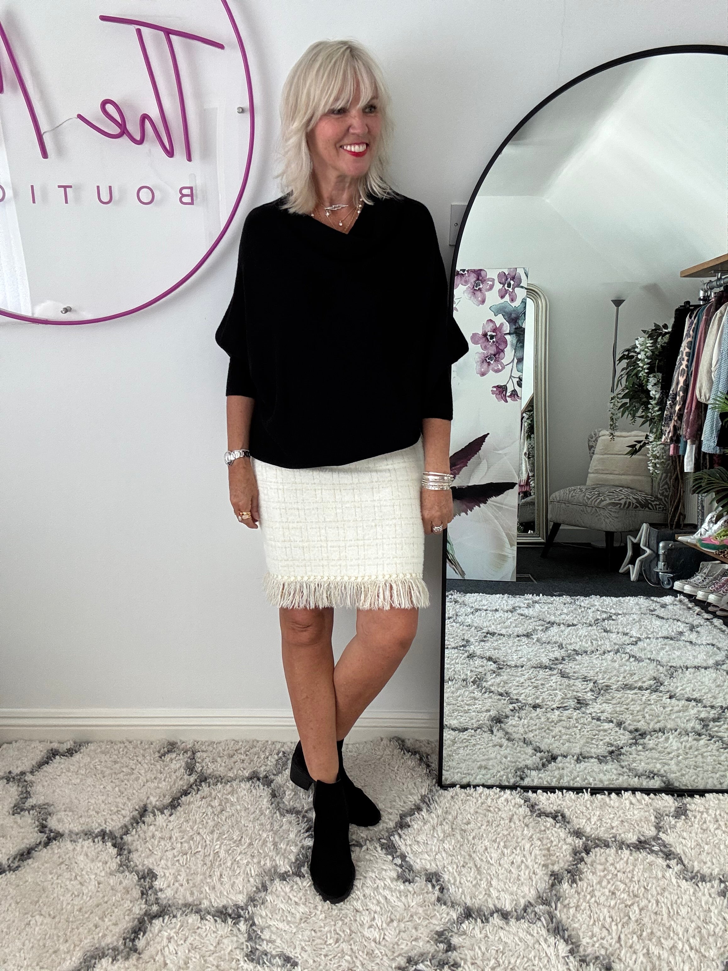 Pearl Button & Tweed Skirt in Ivory