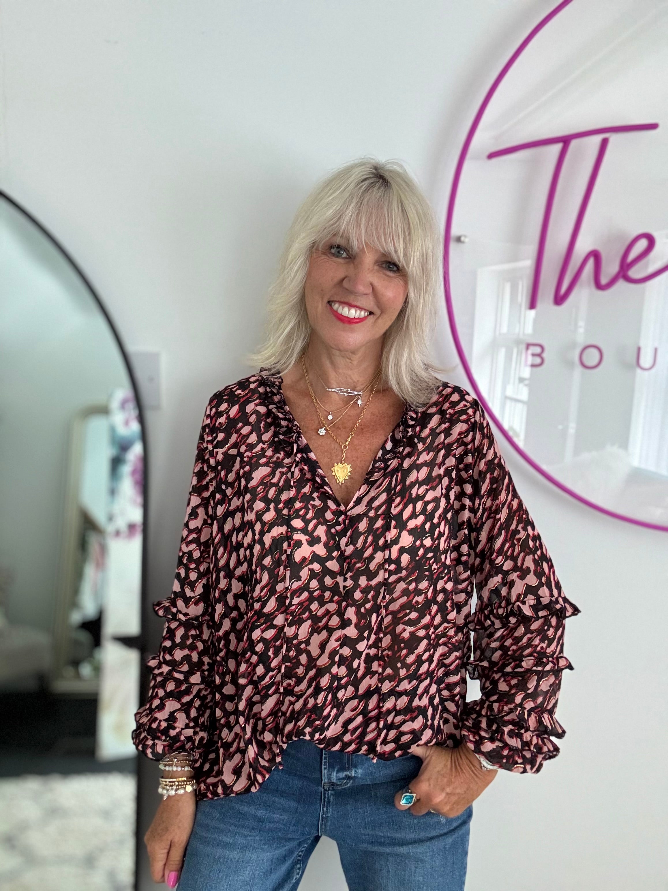 Chiffon Print Blouse in Pink & Black