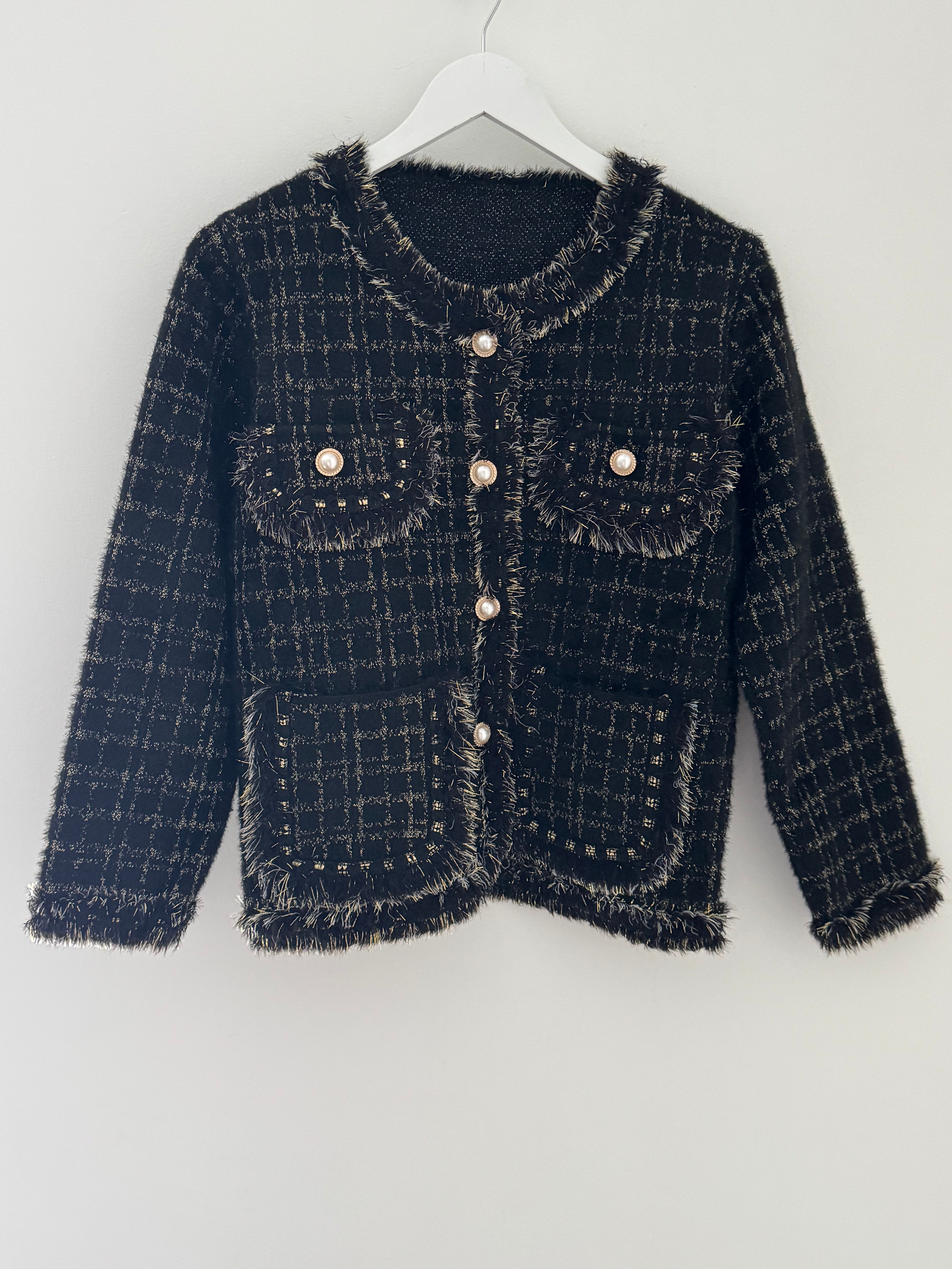 Pearl Button & Tweed Cardi Jacket in Black