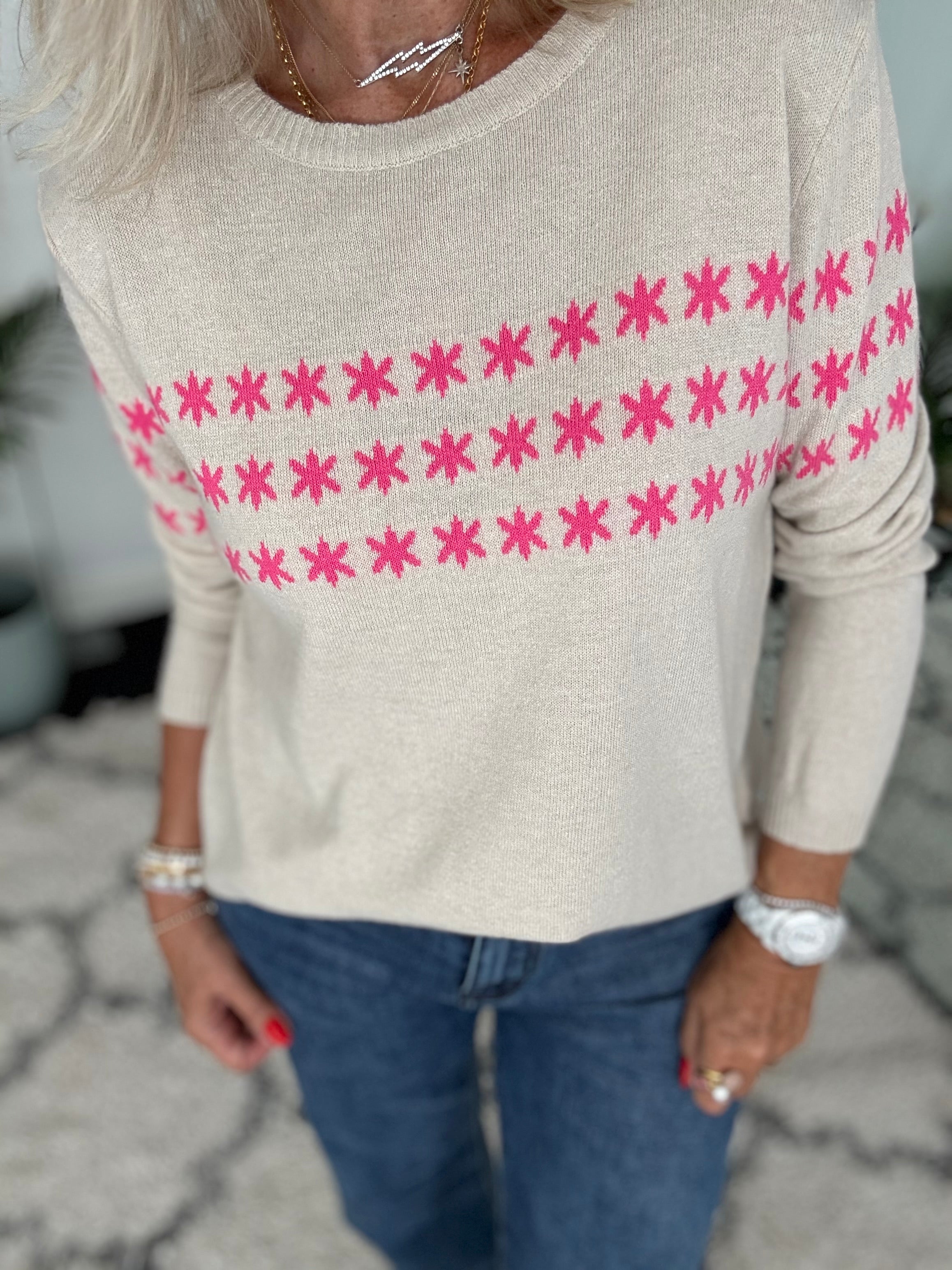 Multi Star Cashmere Jumper in Ecru & Pink