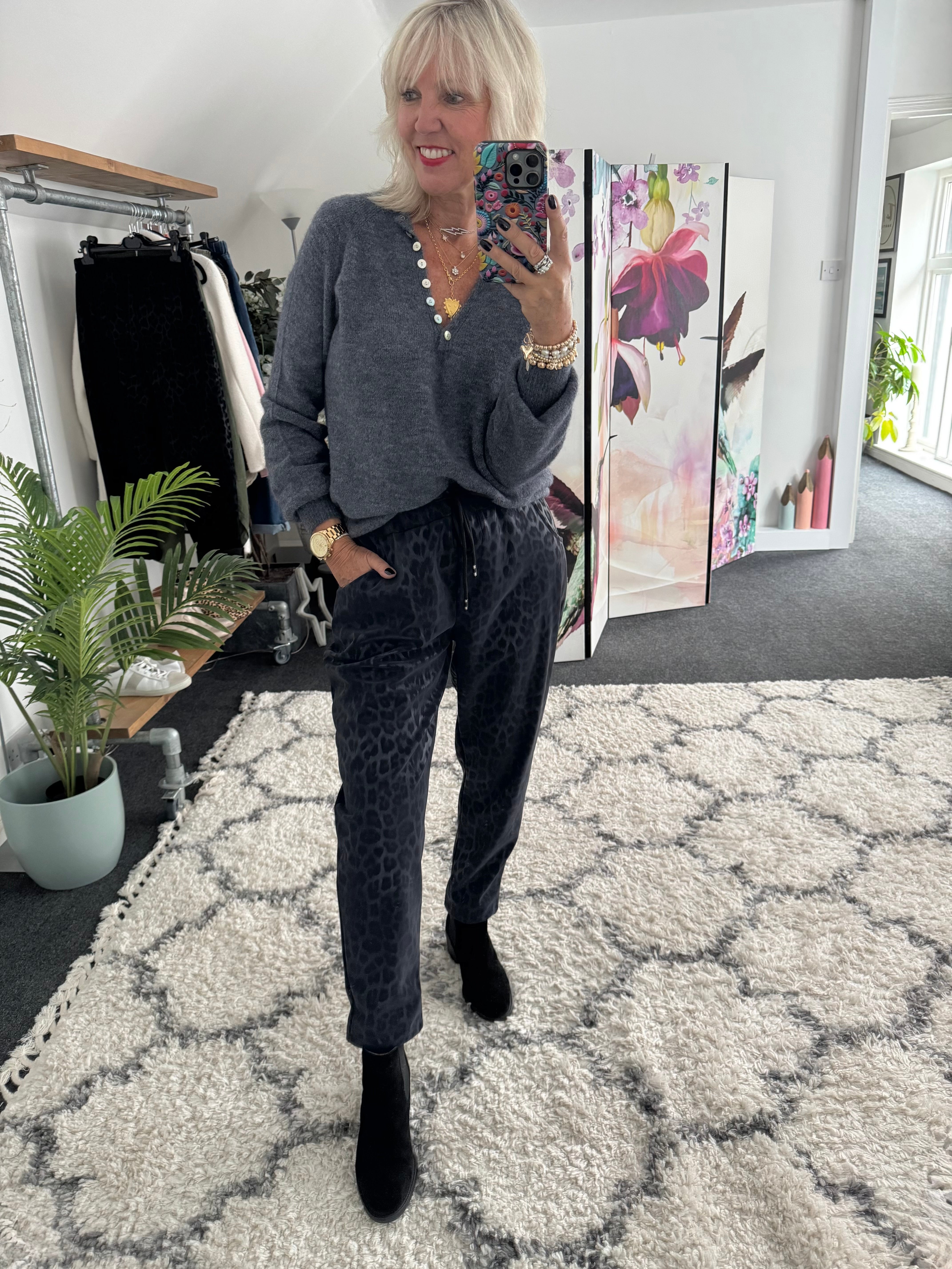 Faux Leather Leopard Print Joggers in Ink