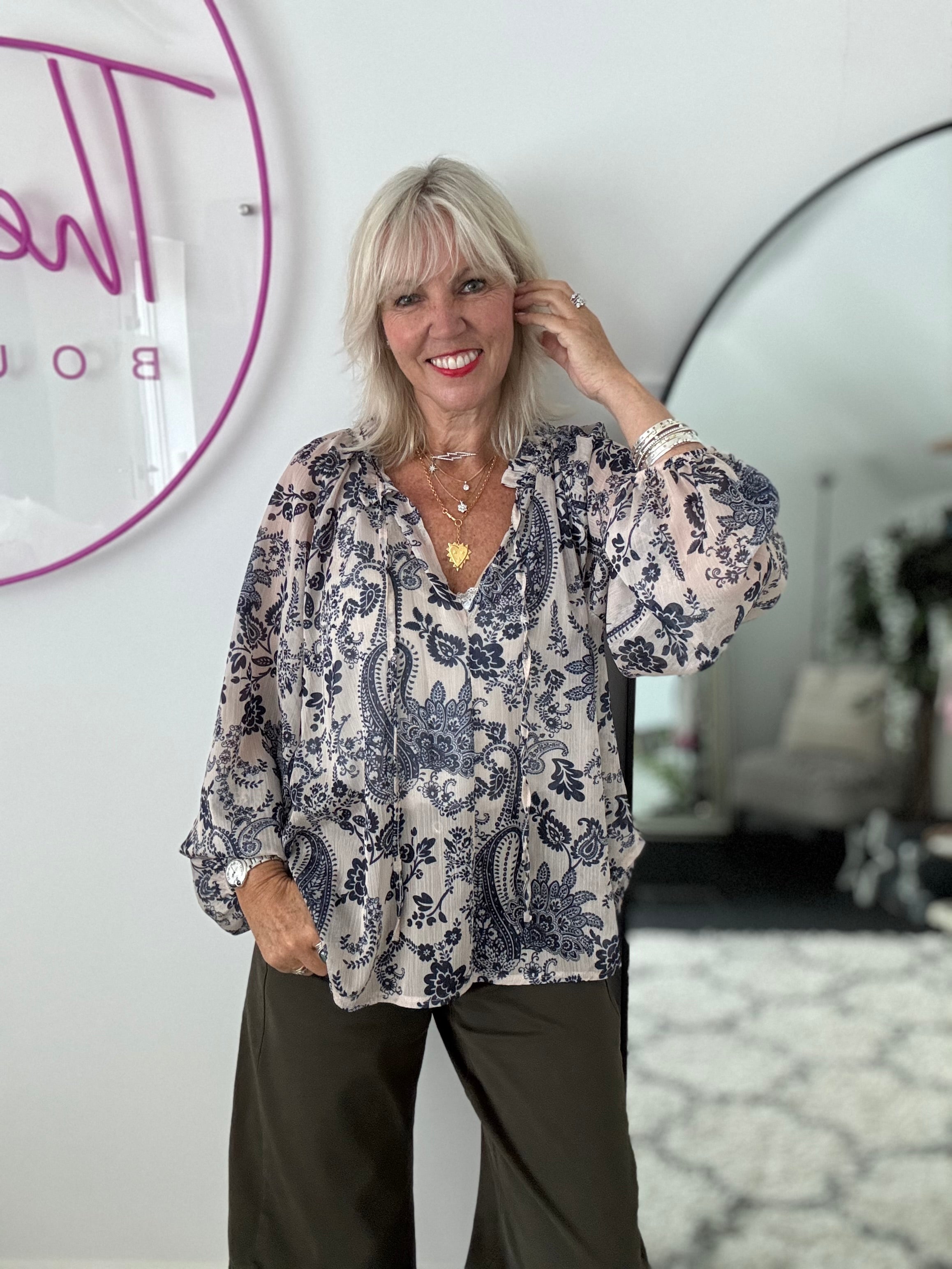 Paisley Blouse in Blue & Ecru