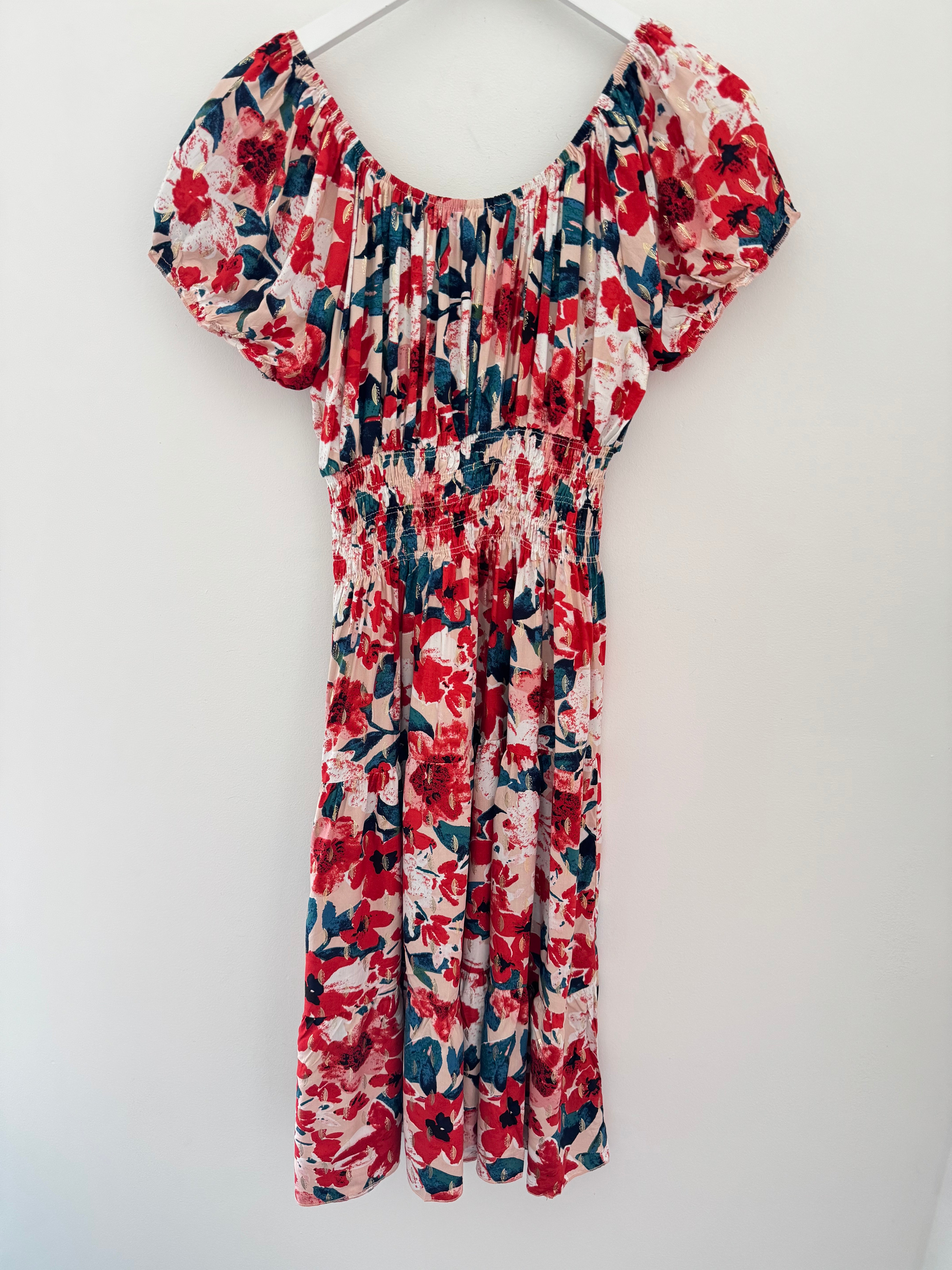 Bardot Dress in Poppy & Teal