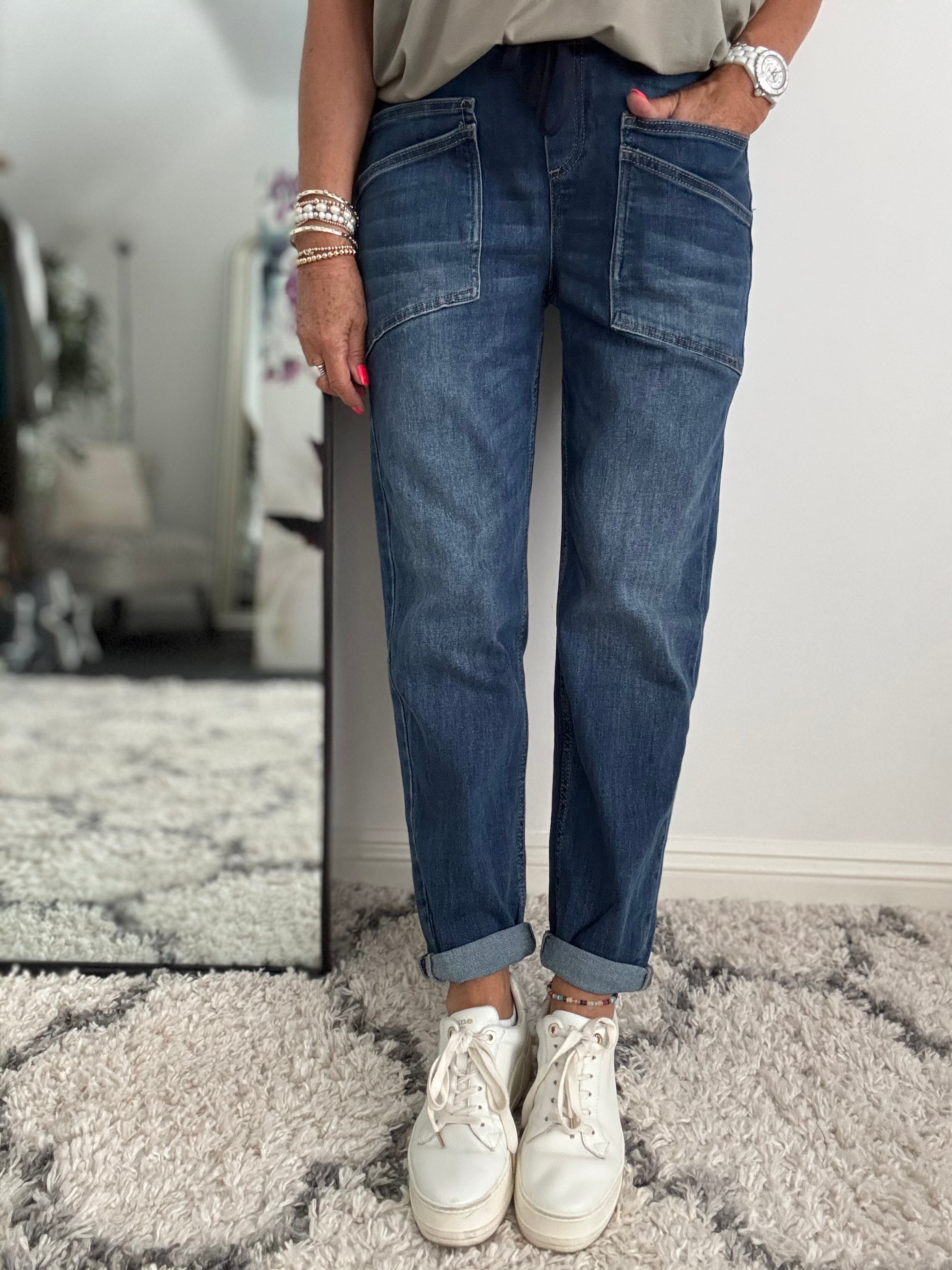 Double Pocket Jean Joggers with Elasticated Waist