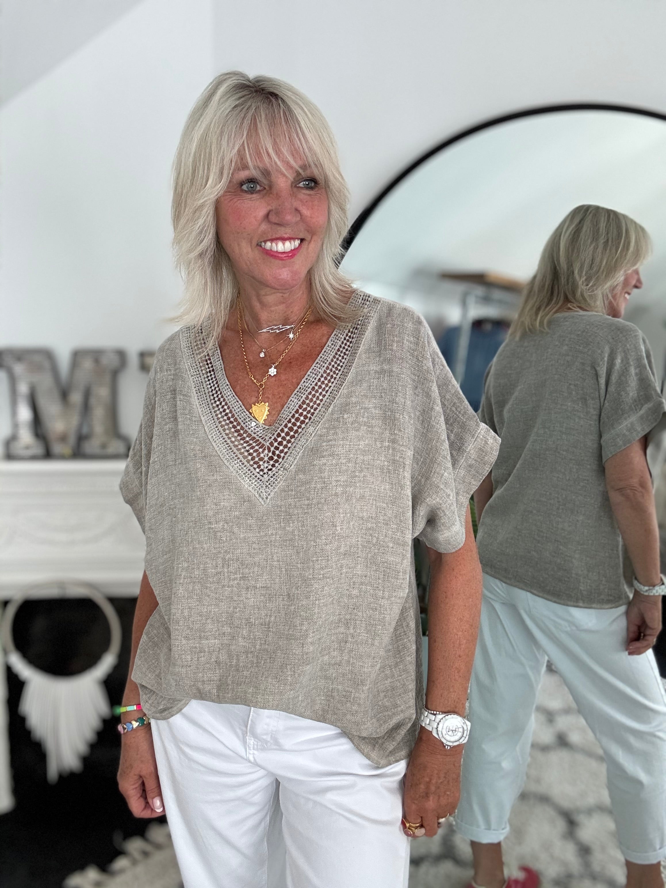 Linen & Cotton Top with Sequin Detail in Mocha