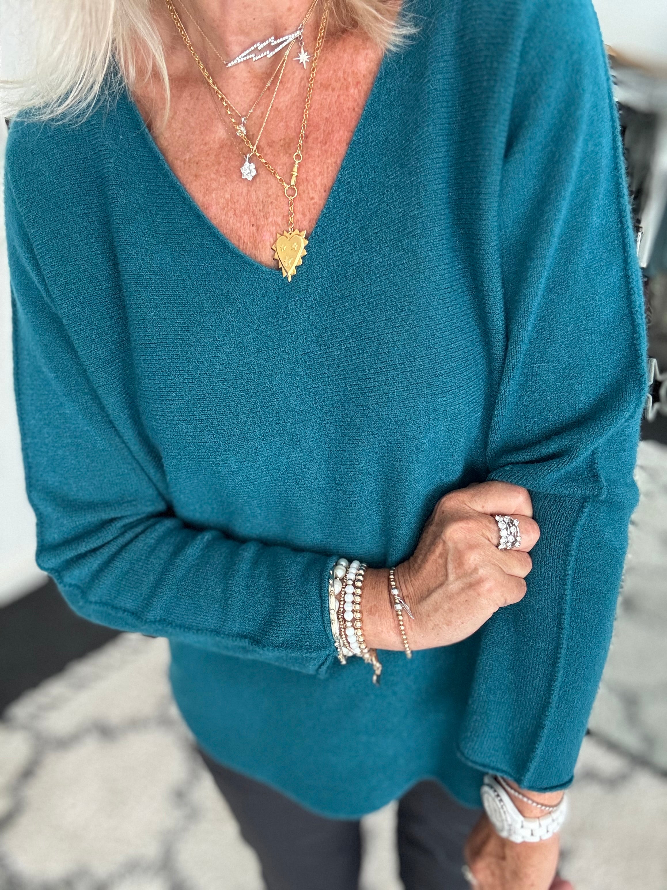 Simple V Neck Jumper in Teal