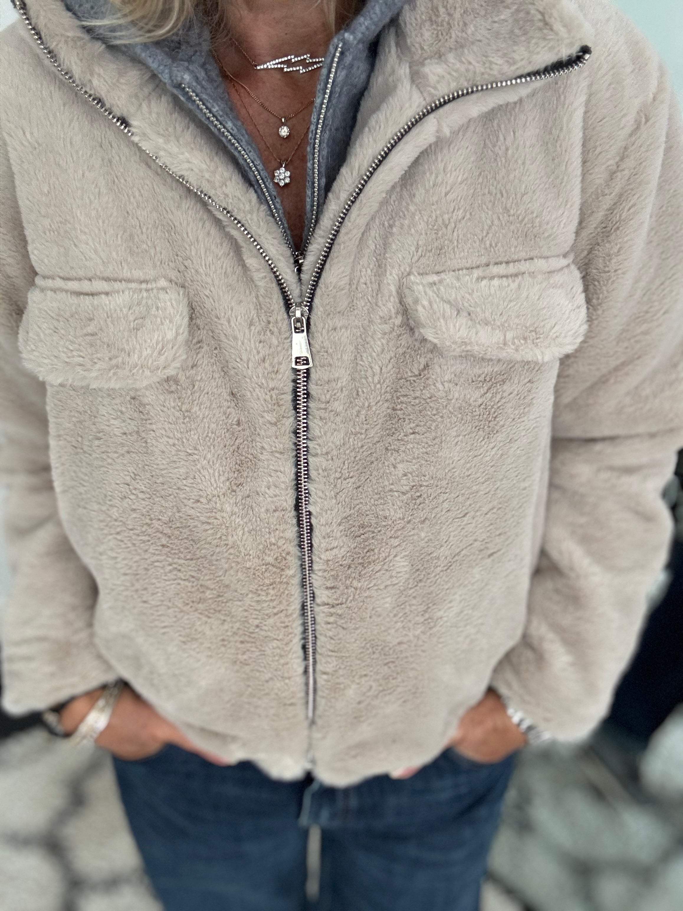 Faux Fur Jacket in Stone