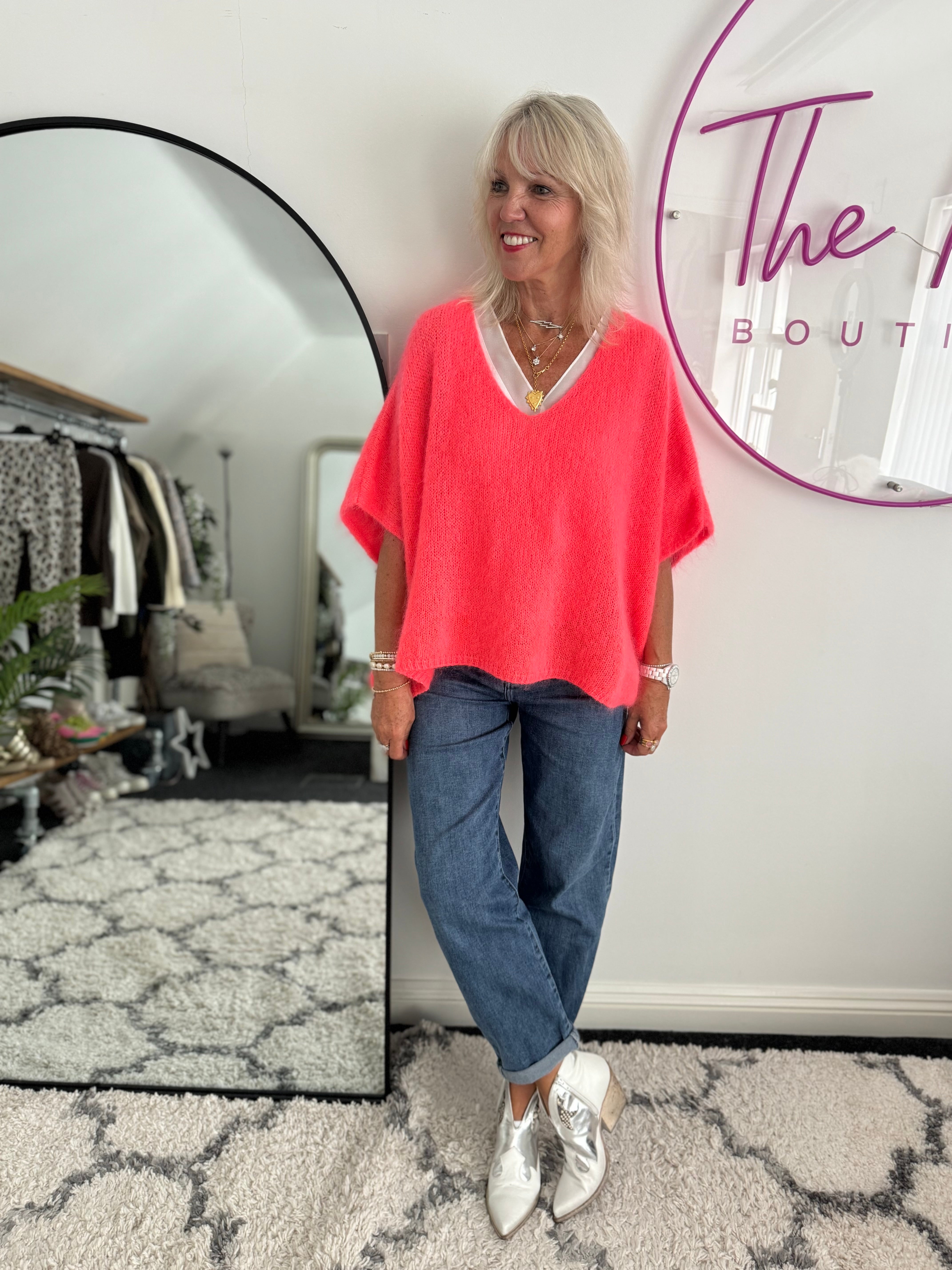 Oversized Mohair V Neck Tank in Neon Coral