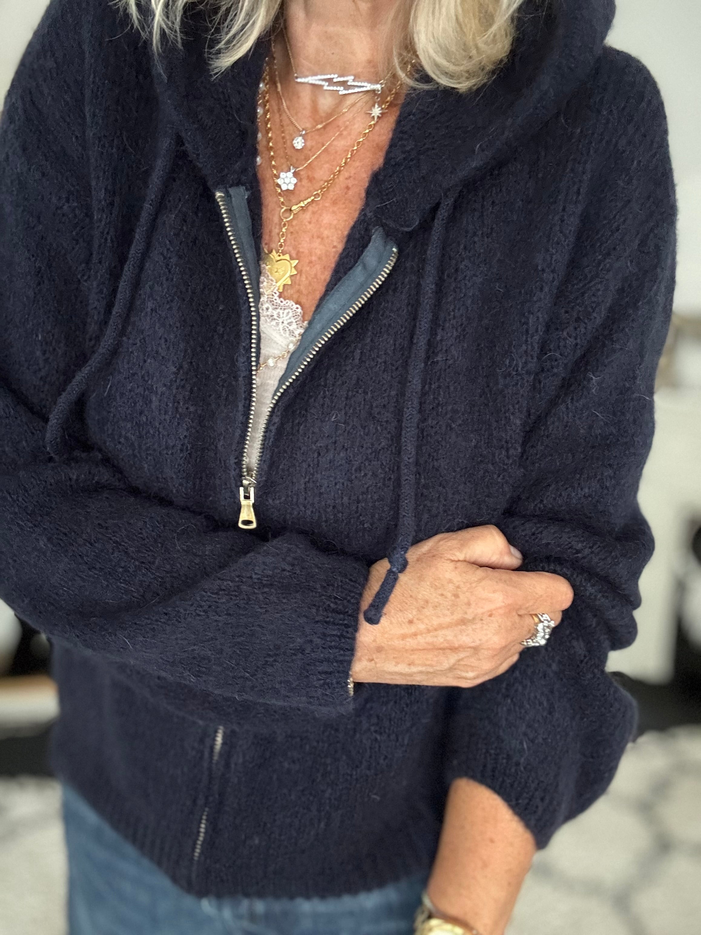 Hooded Zipped Mohair Jumper in Ink Blue