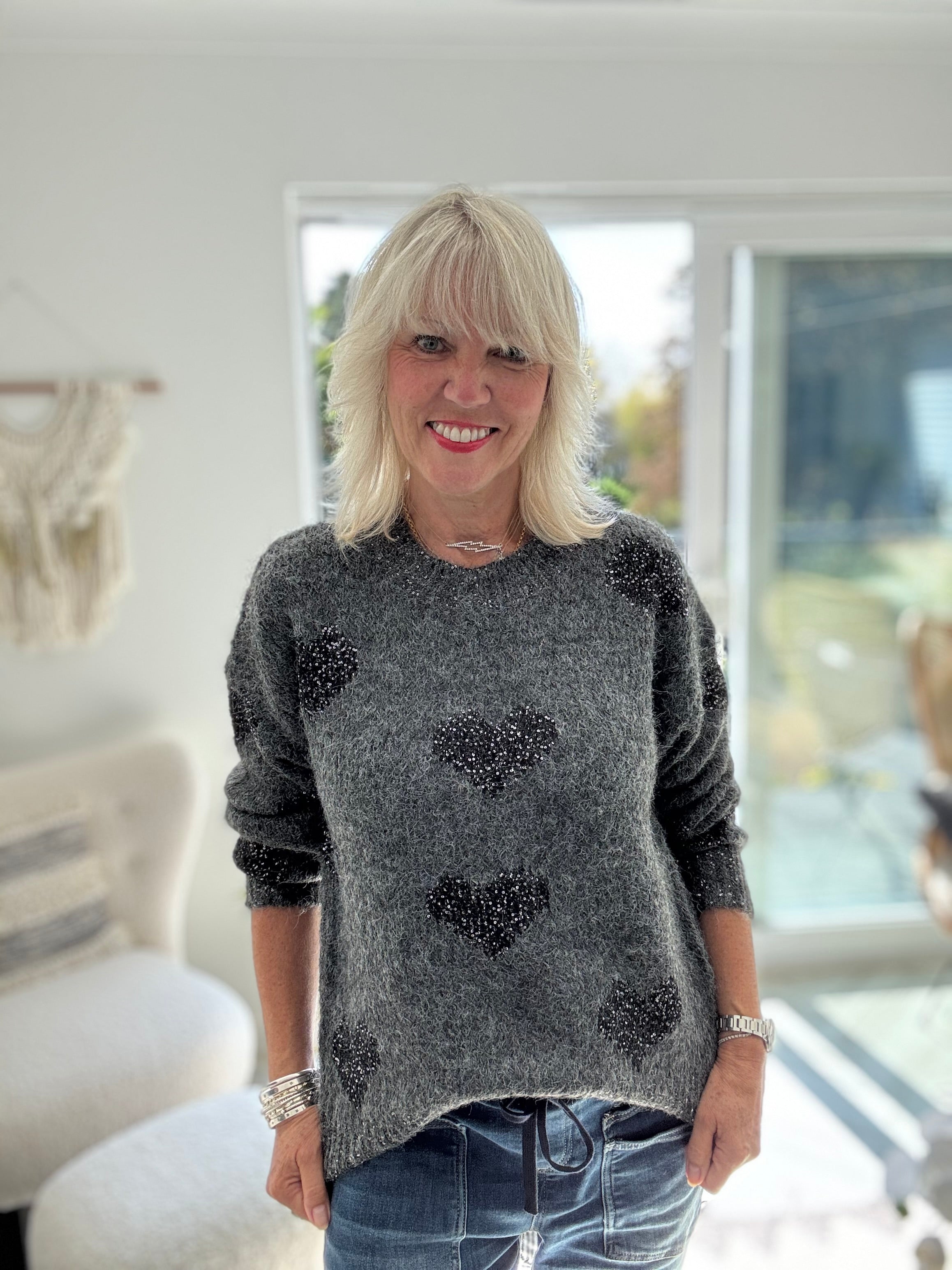 Sequin Heart Jumper in Charcoal
