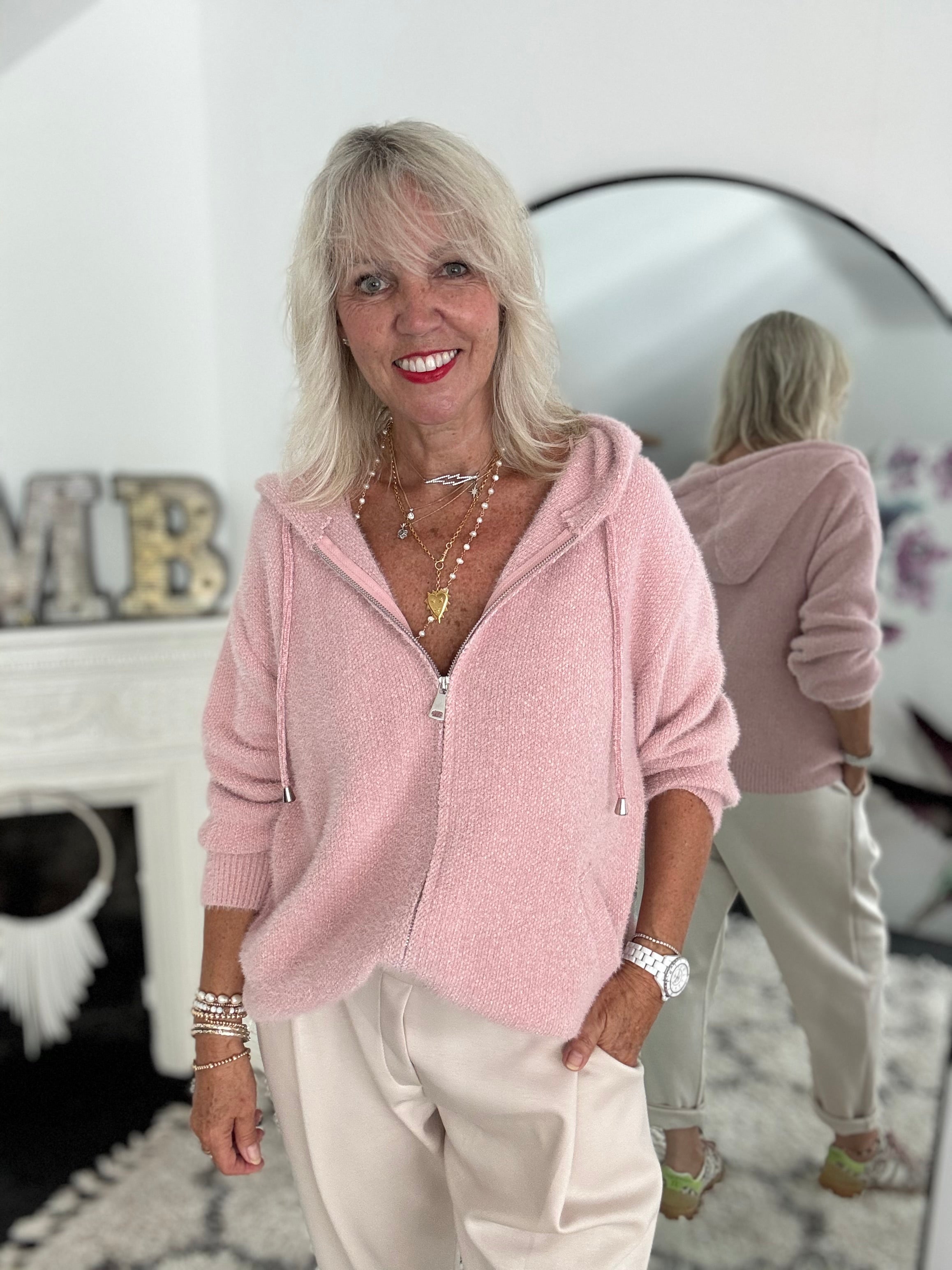 Soft Hooded Knit with Pockets in Pink