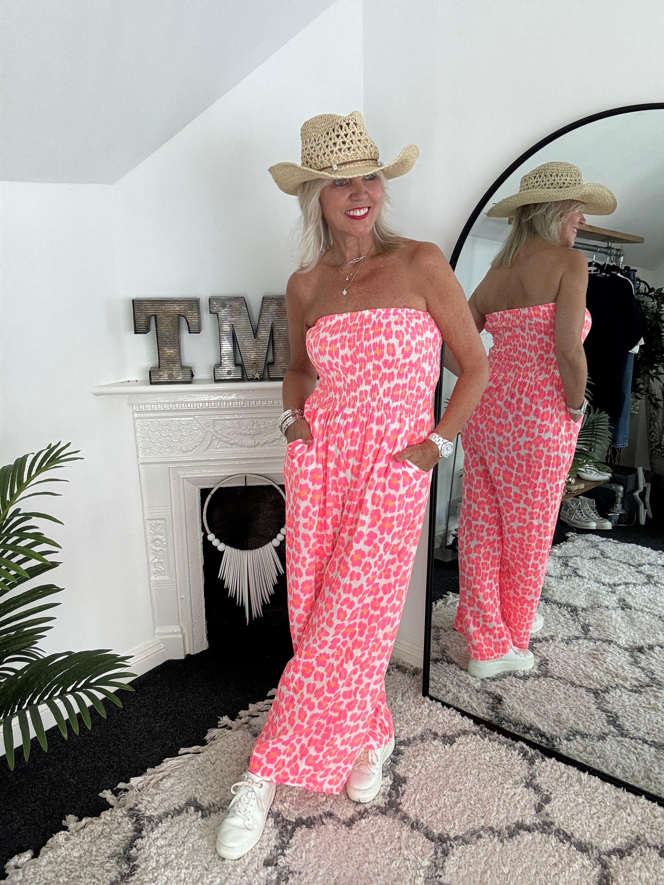 Bandeau Cheesecloth Jumpsuit in Neon Pink & Orange Leopard