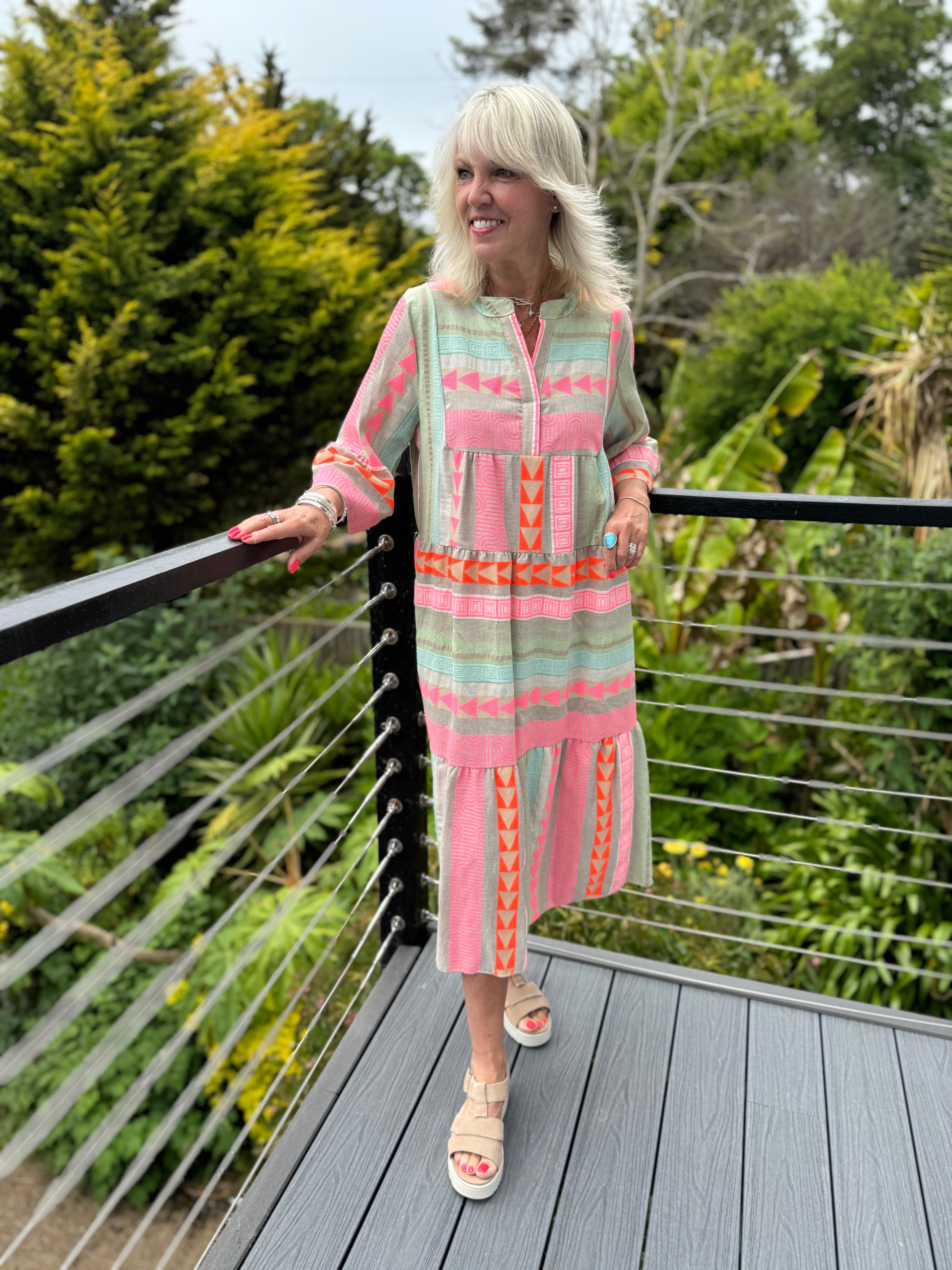 Embroidered Cotton Dress in Khaki & Pink