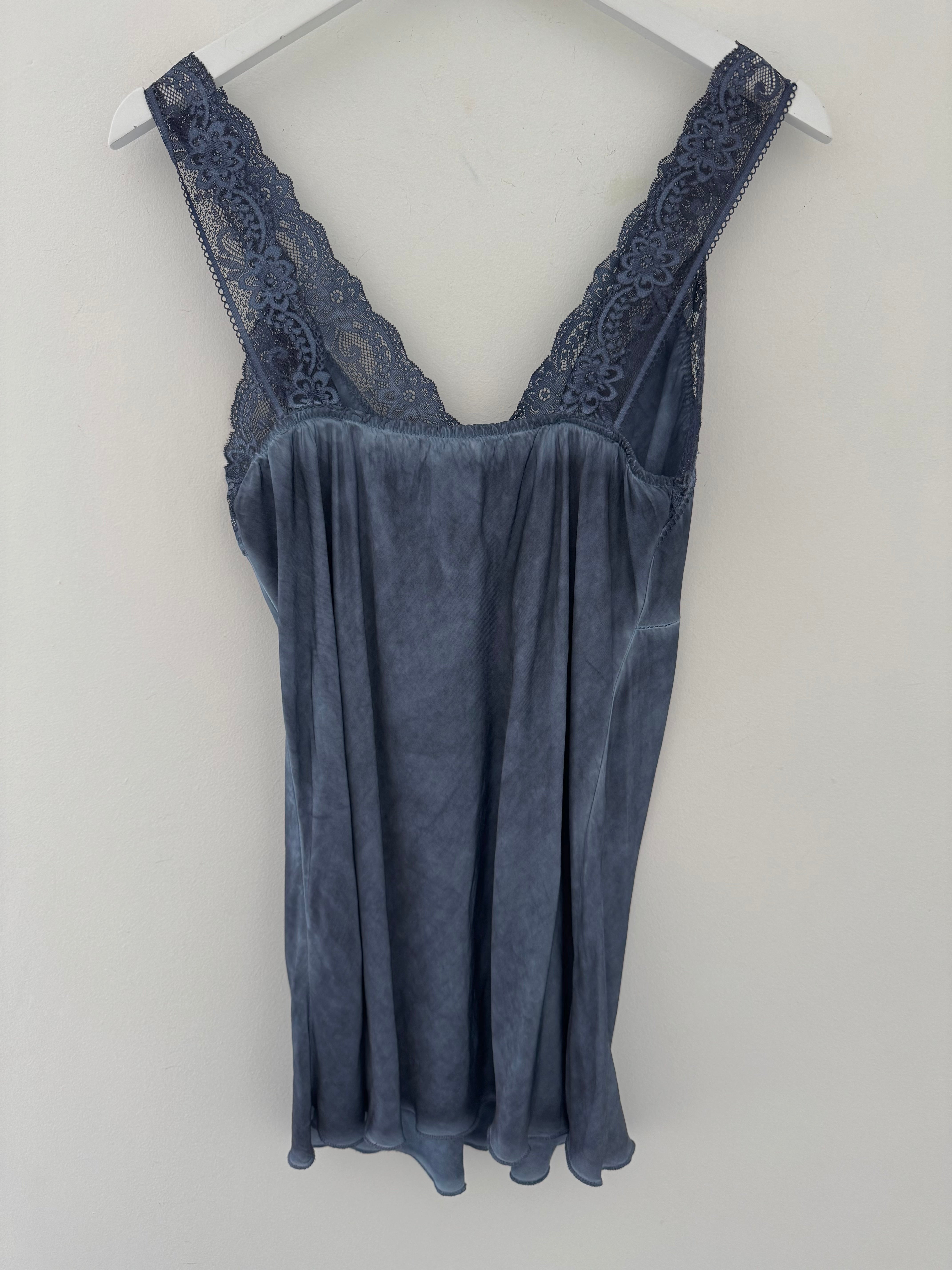 Lace Trim Silky Vest in Dark Denim