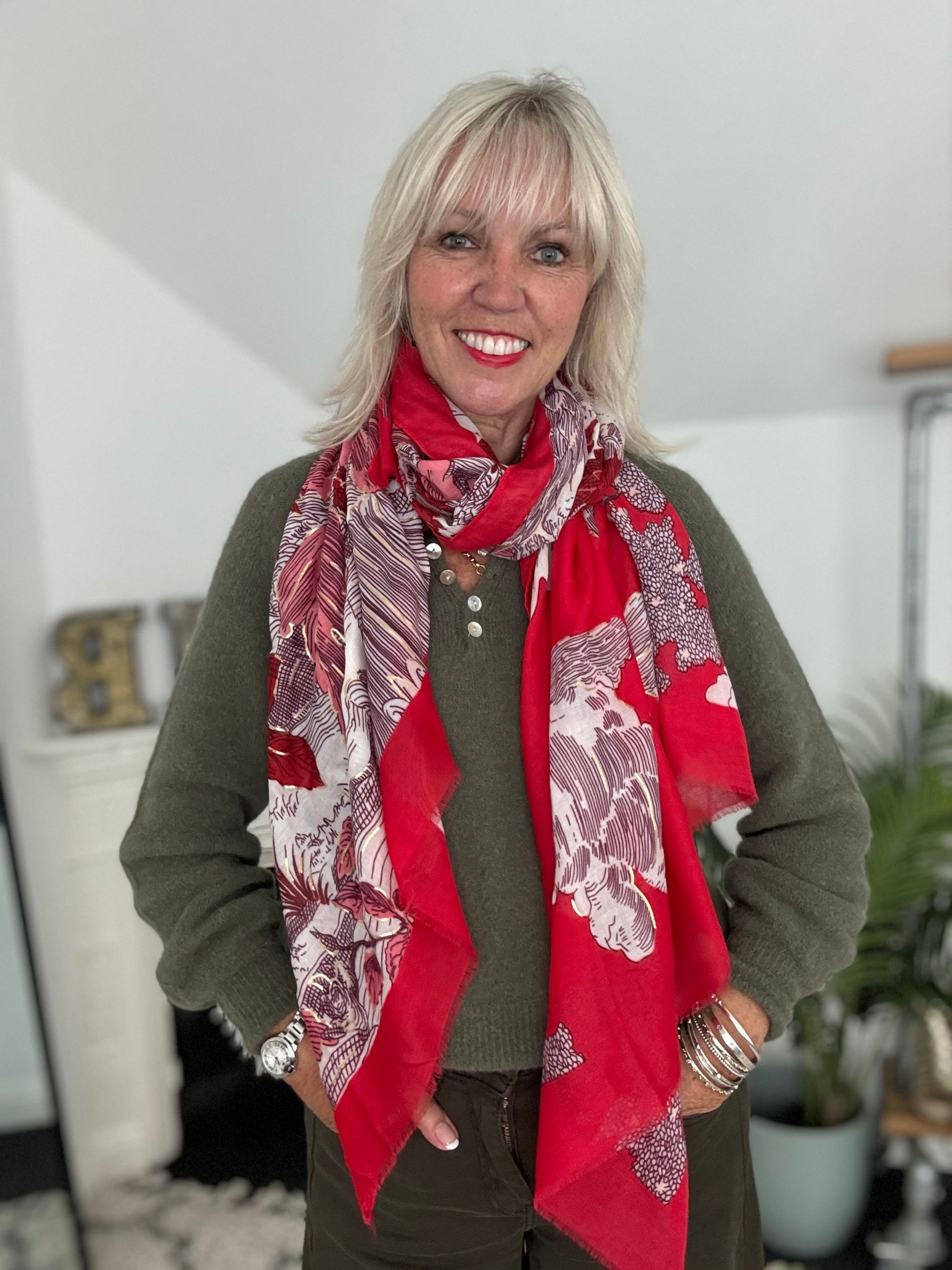 Stunning Leaf Scarf In Red & Pink