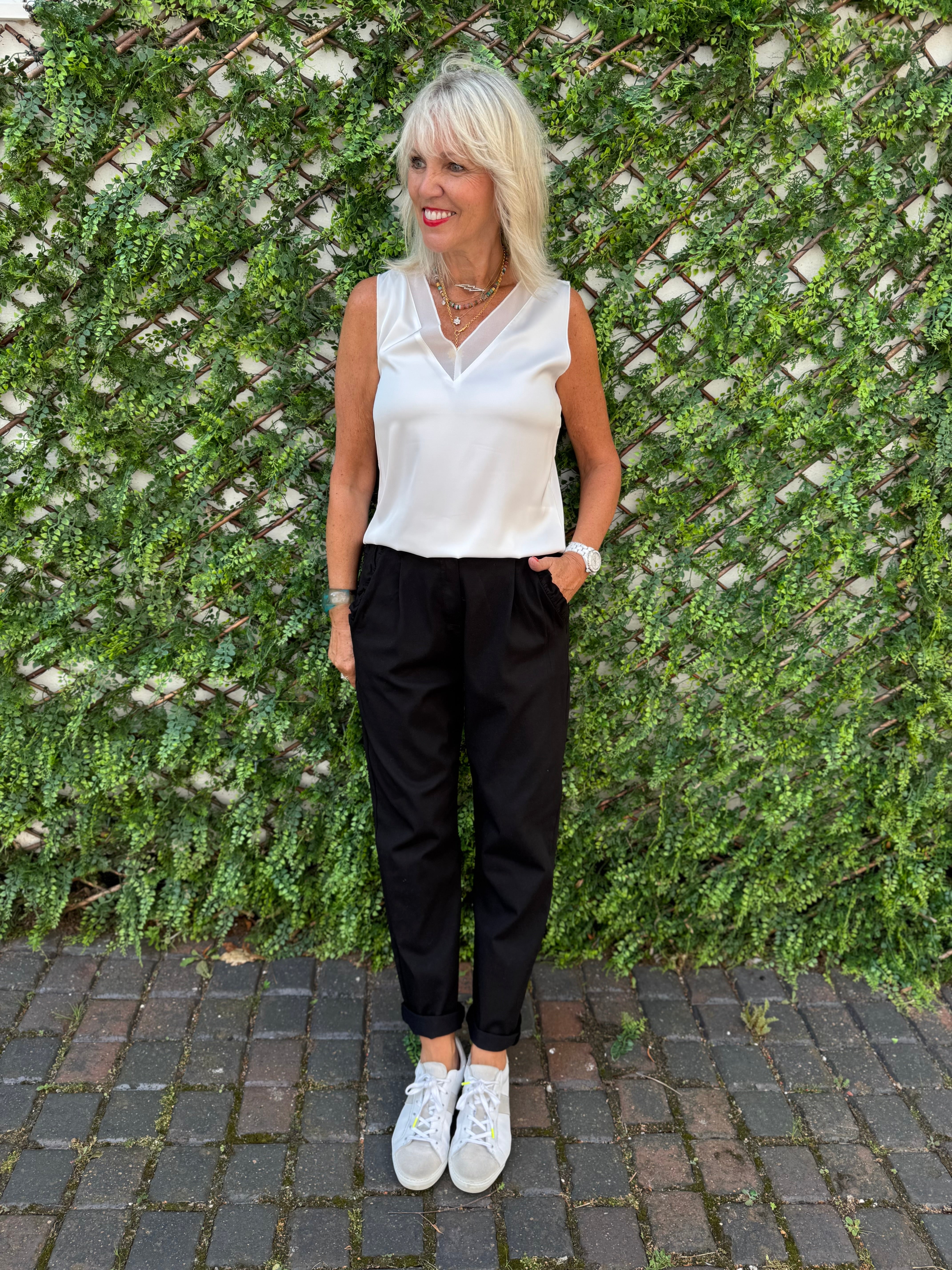 Luxe Stretch Trousers with Ruffle Pocket in Black