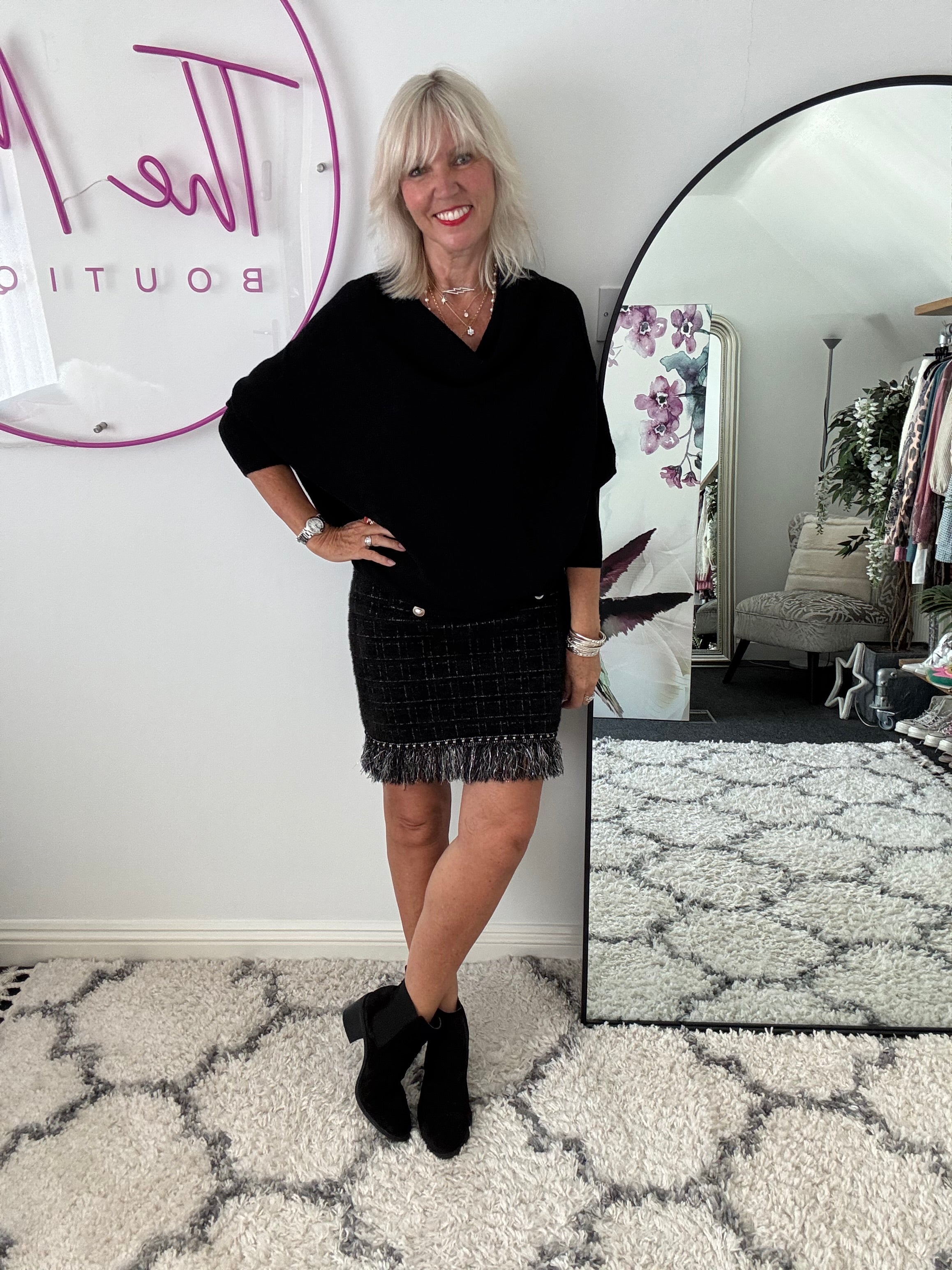 Pearl Button & Tweed Skirt in Black