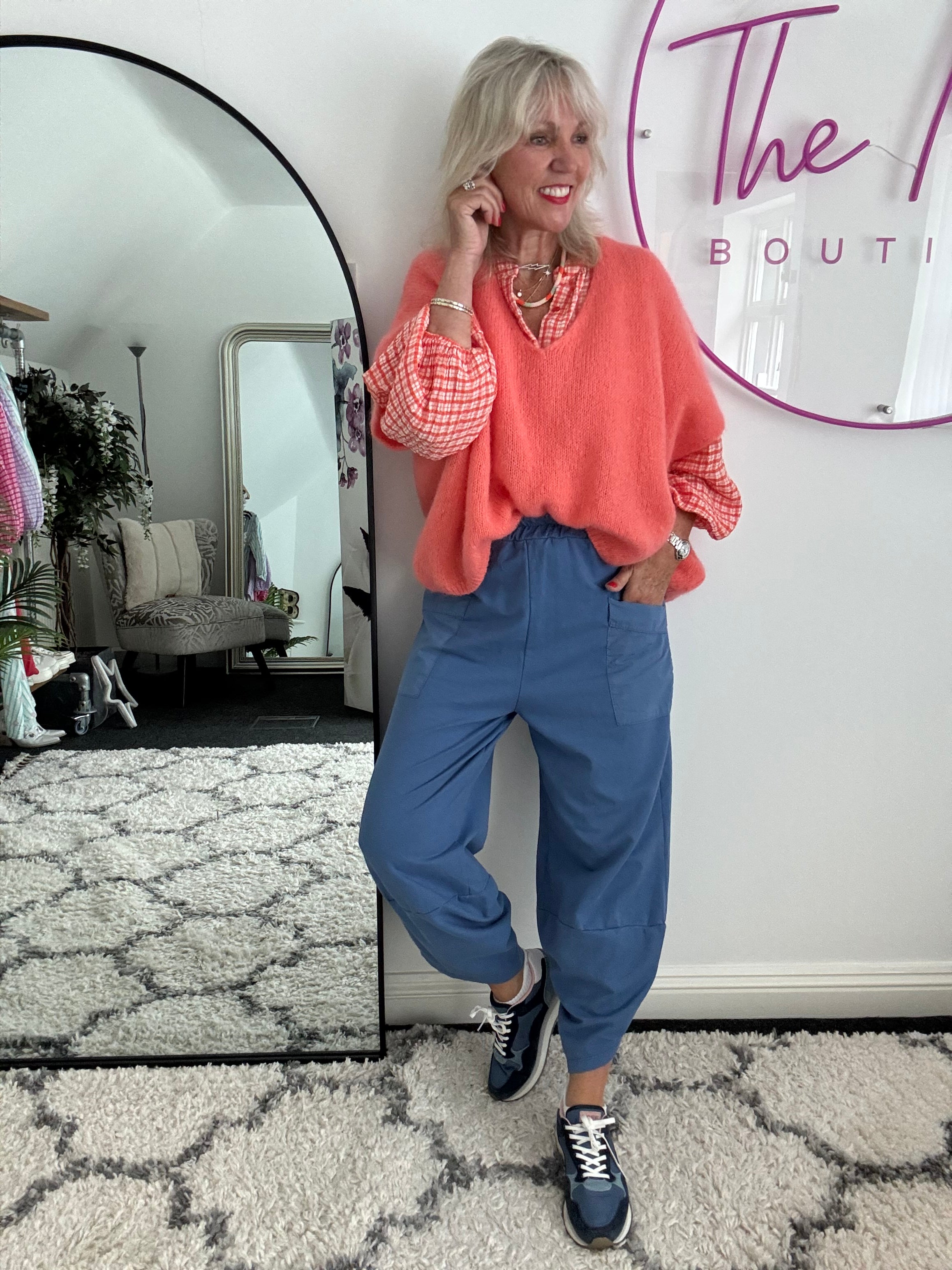 Barrel Shape Cotton Jersey Trousers in Cornflower