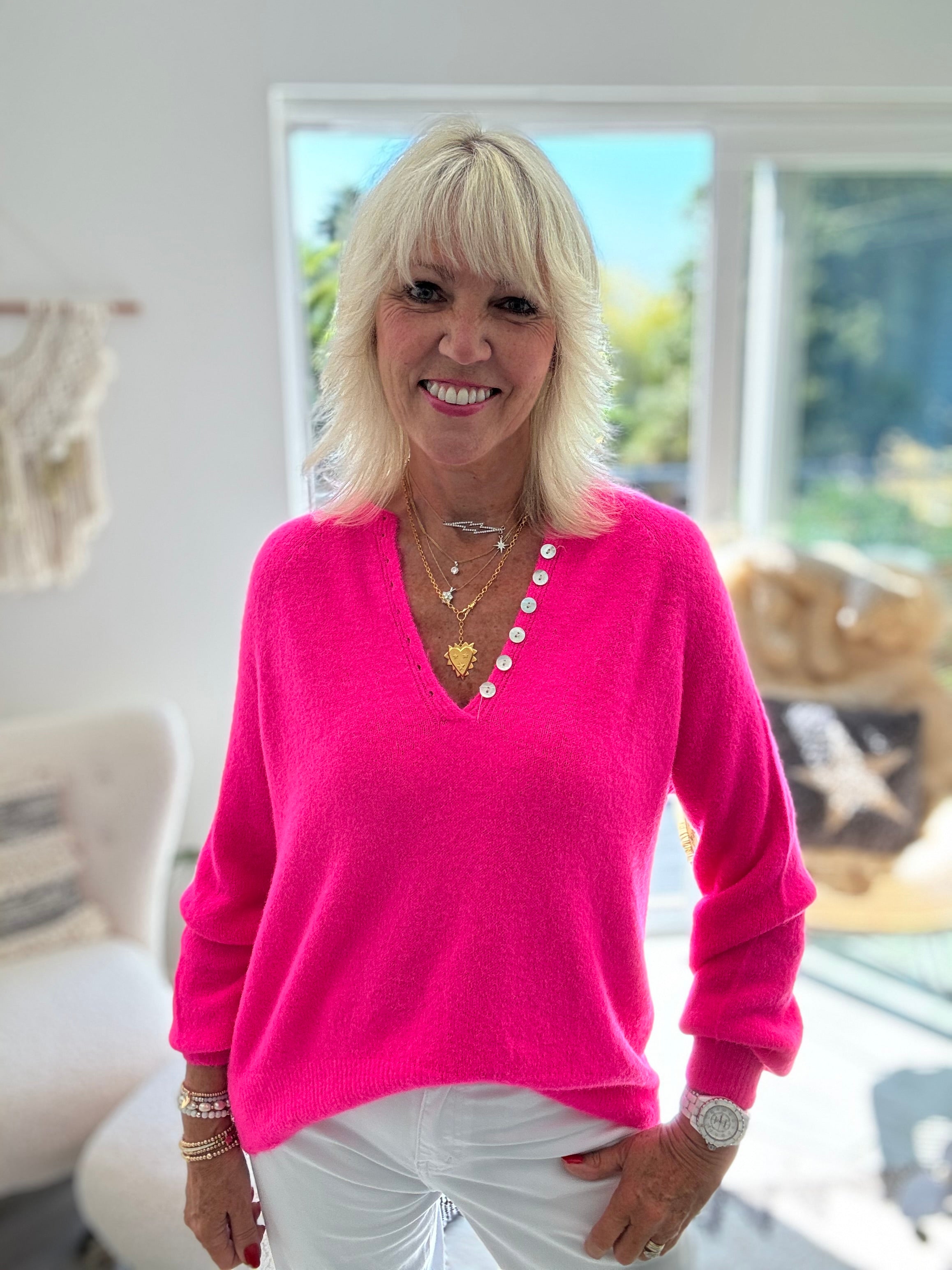 Softie Jumper with Button Neck in Neon Pink