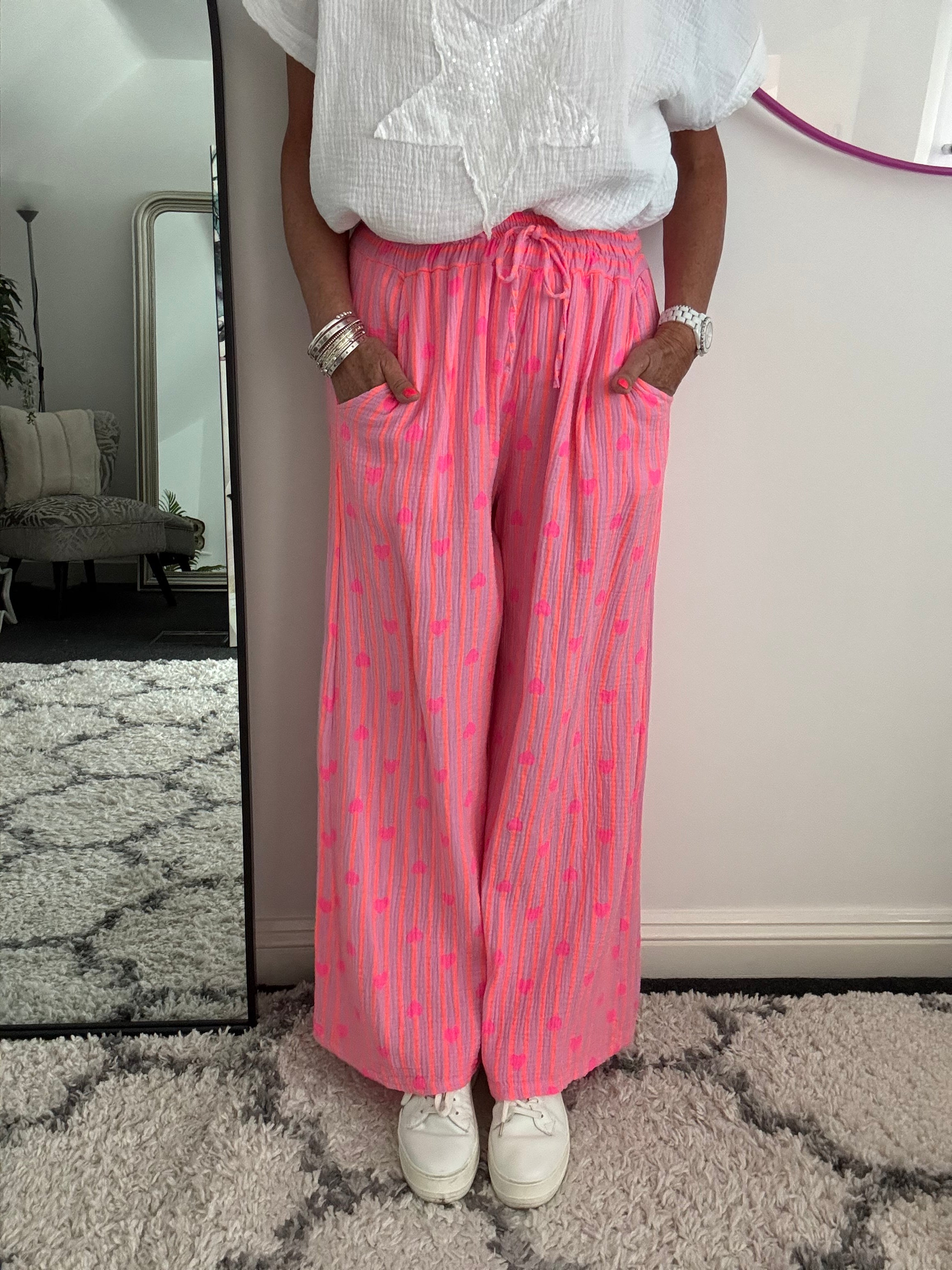 Wide Leg Cheesecloth Trousers in Orange & Pink