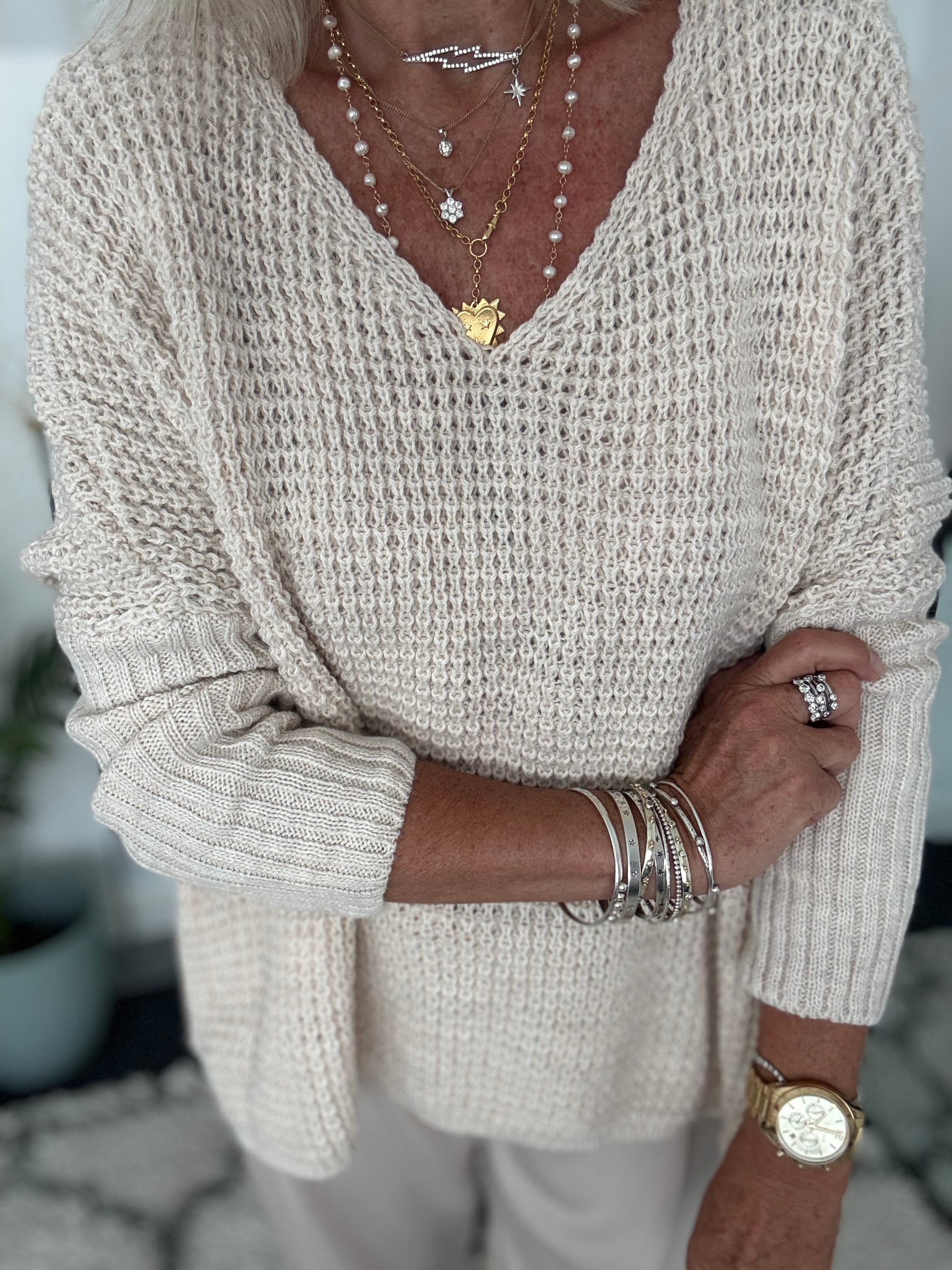 V Neck Waffle Knit in Ecru