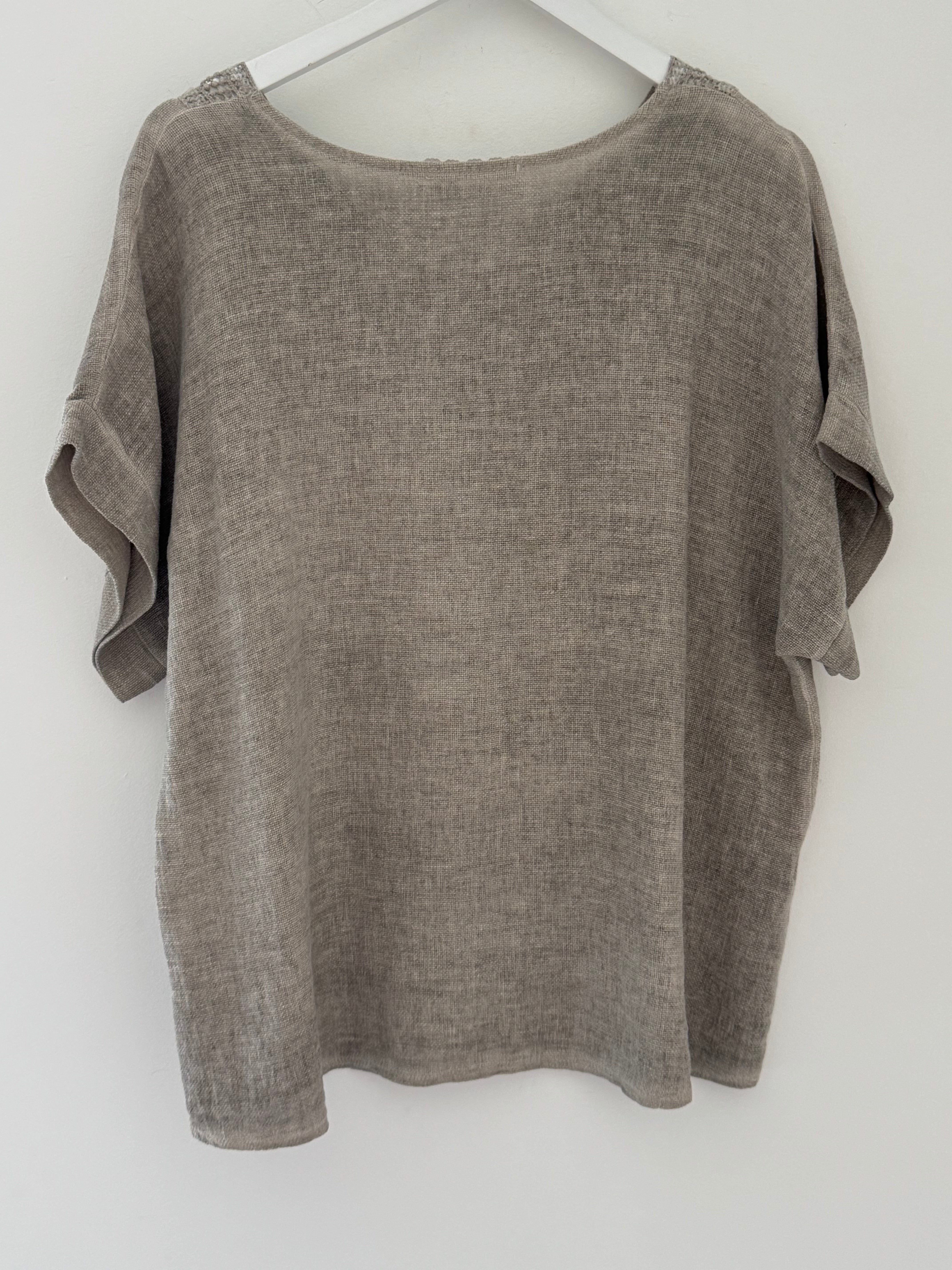 Linen & Cotton Top with Sequin Detail in Mocha