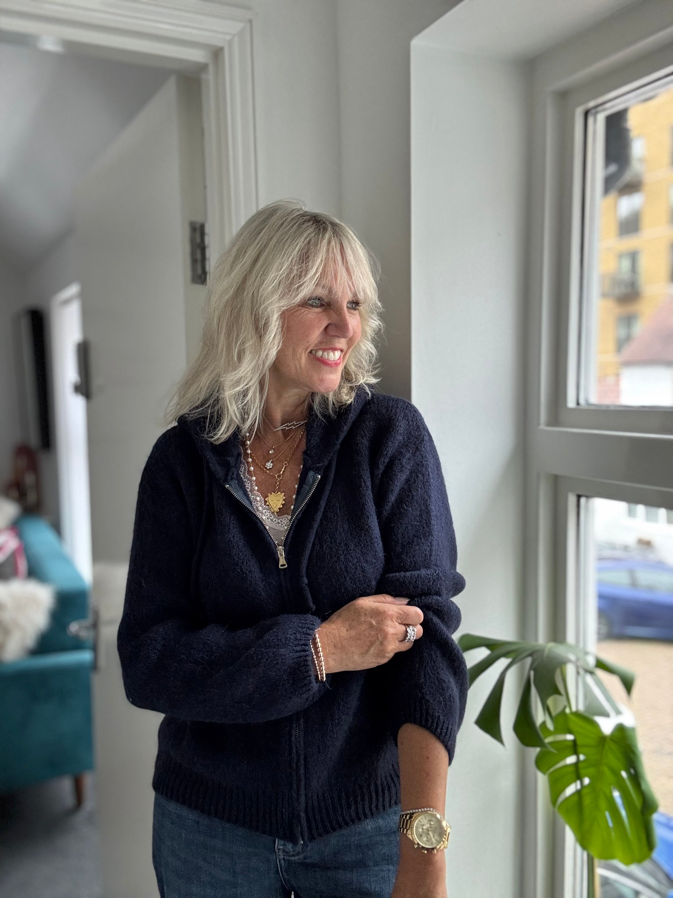 Hooded Zipped Mohair Jumper in Ink Blue