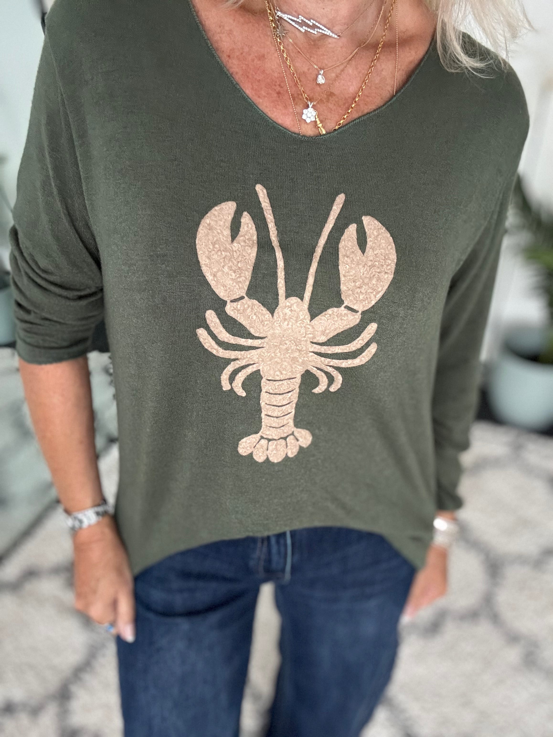 Soft V Neck Lobster Knit in Khaki