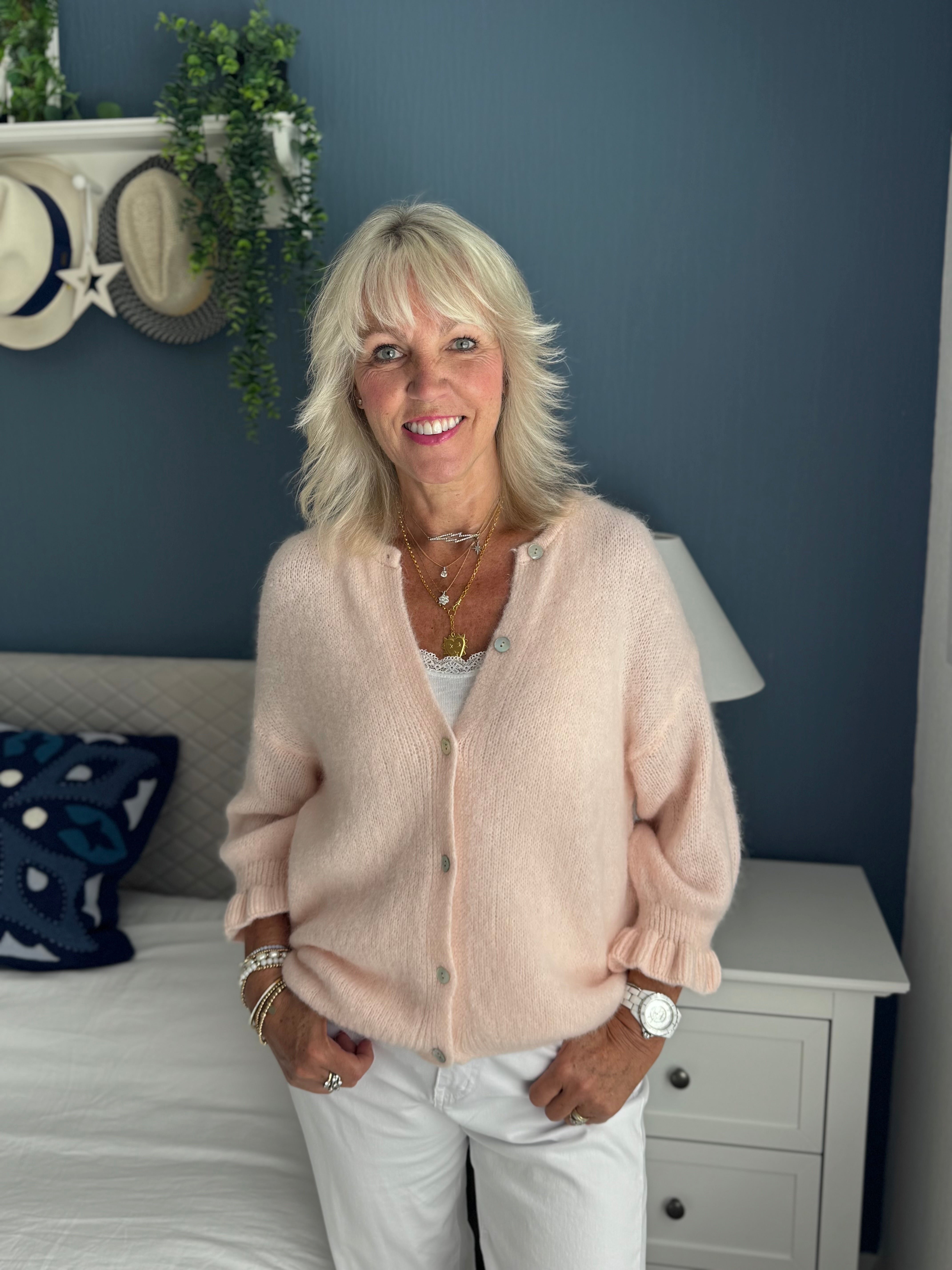 Alpaca Cardi with Frill Cuffs in Shell Pink