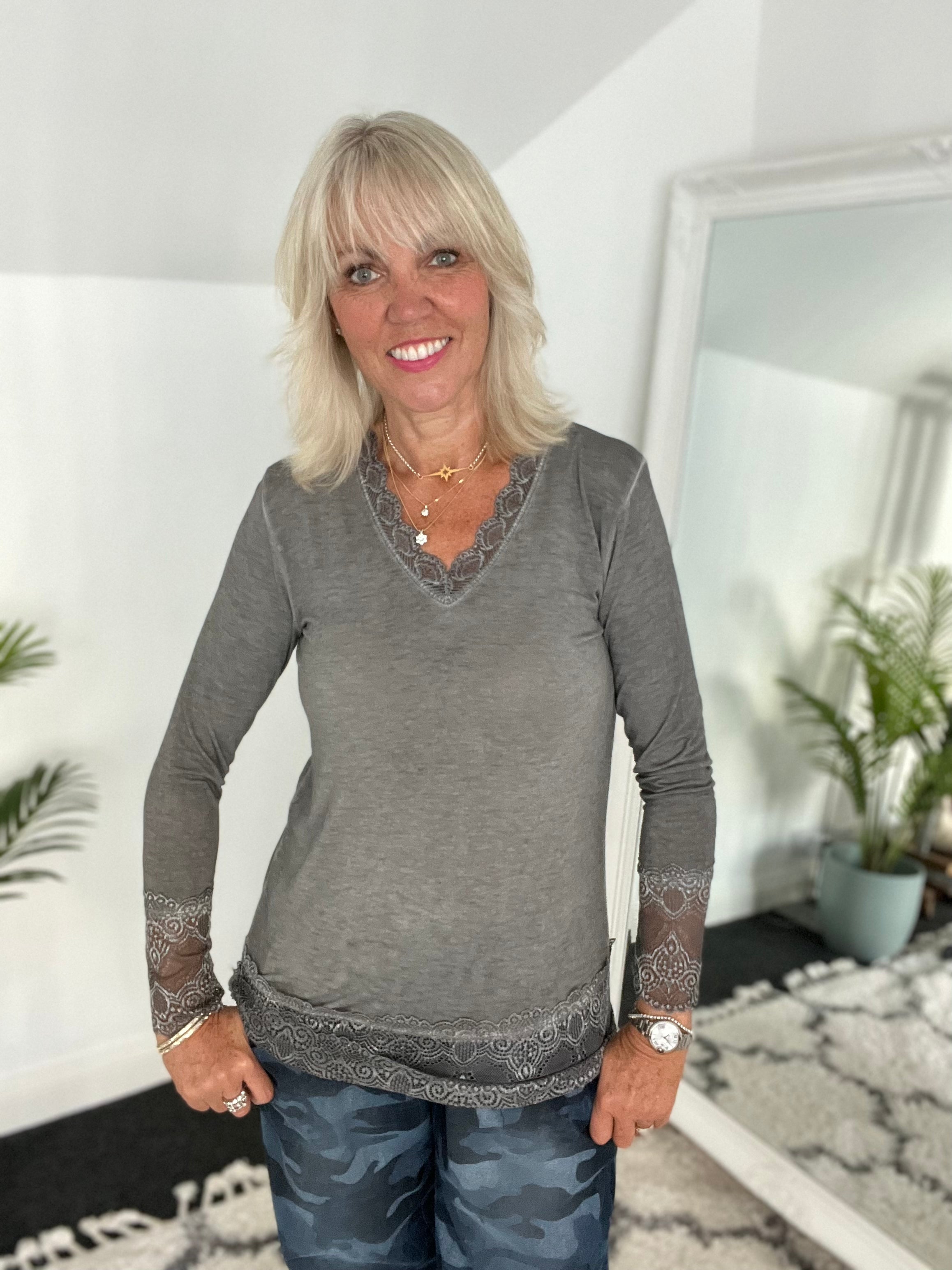 Luxe Base Top with Lace Trim in Charcoal