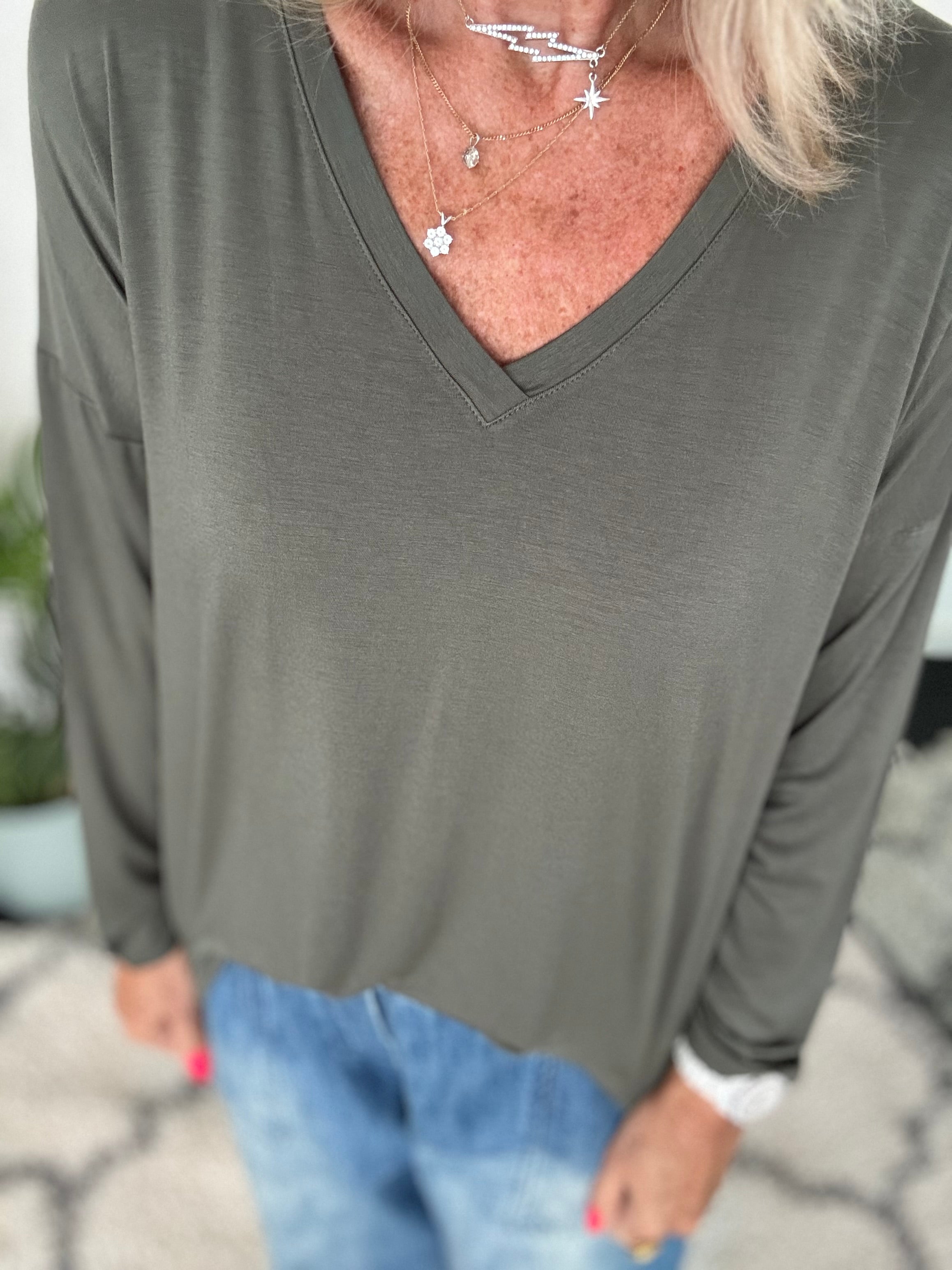 Bamboo Jersey V Neck Top in Khaki