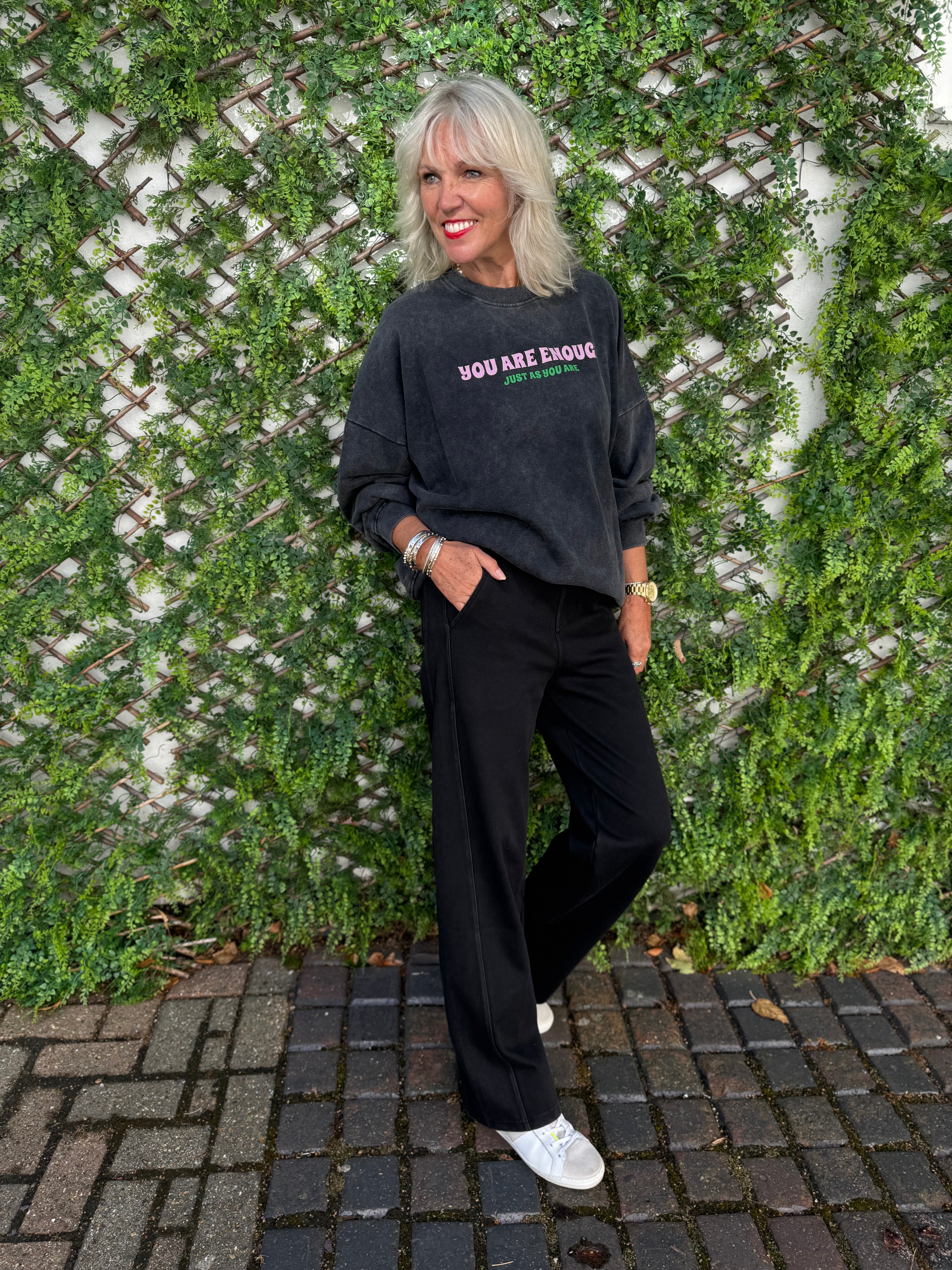 Stretch Denim Trousers in Washed Black