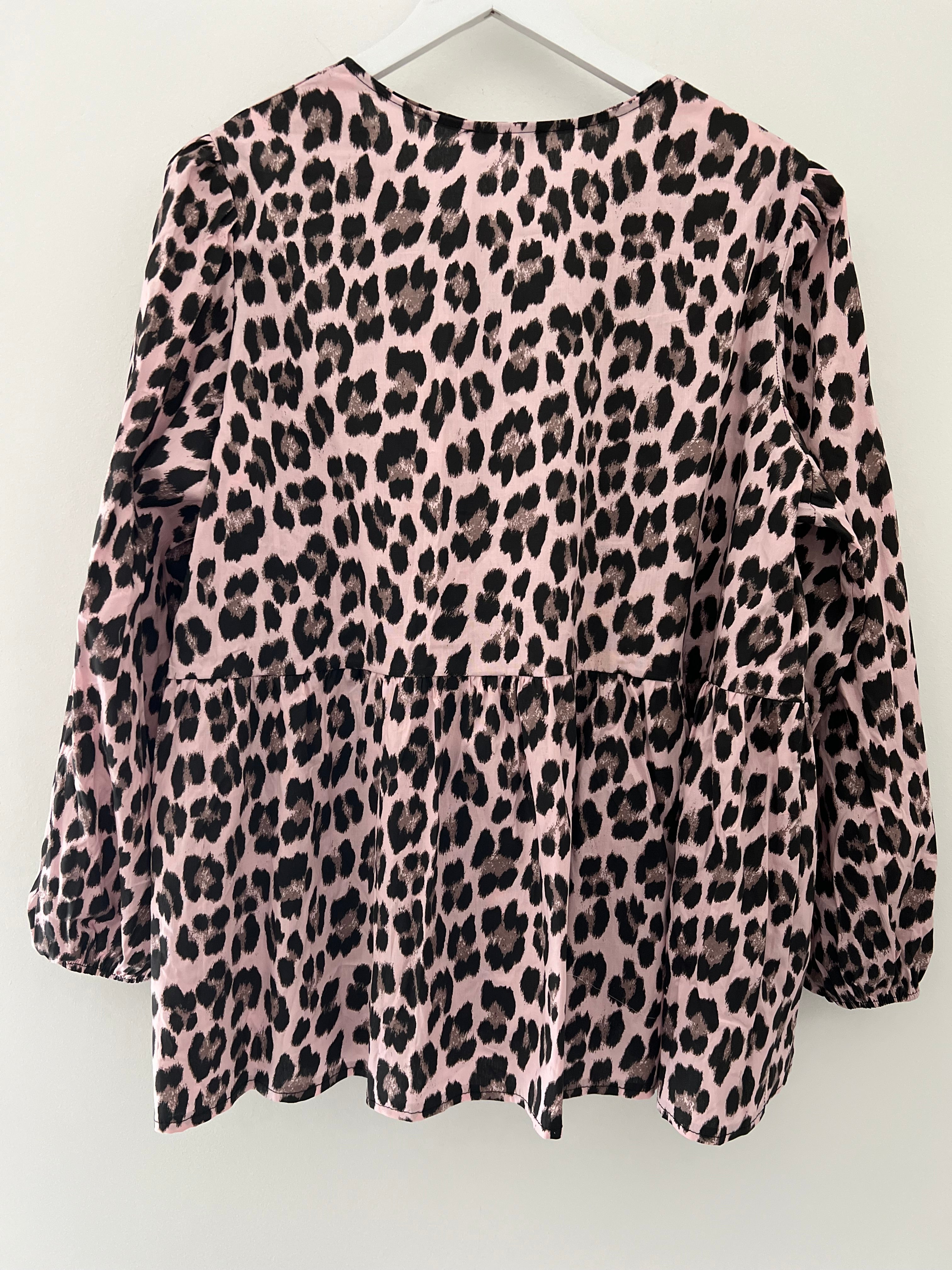 Leopard Tie Front Blouse in Pink