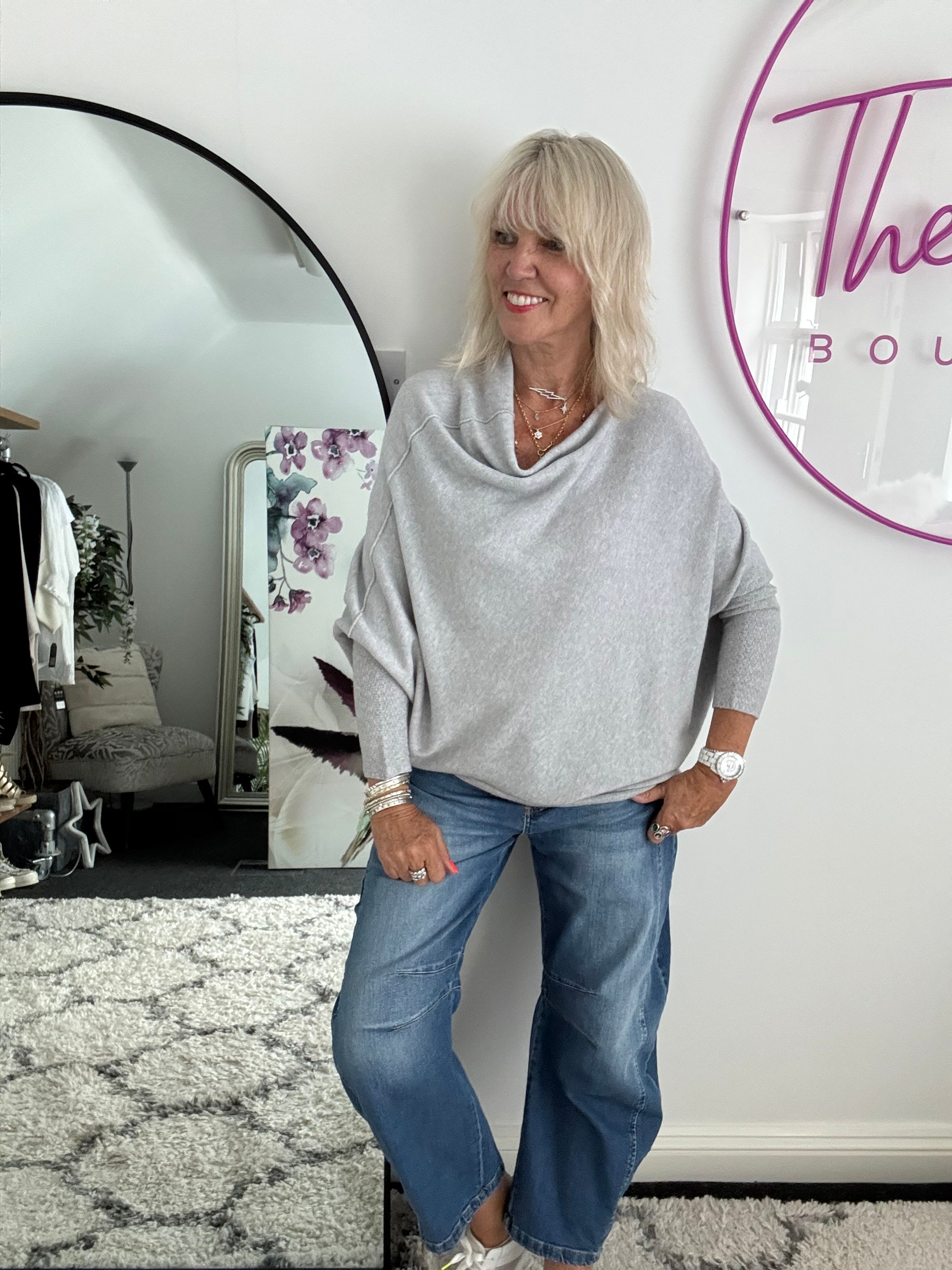 Cowl Neck Asymmetric Jumper in Light Grey