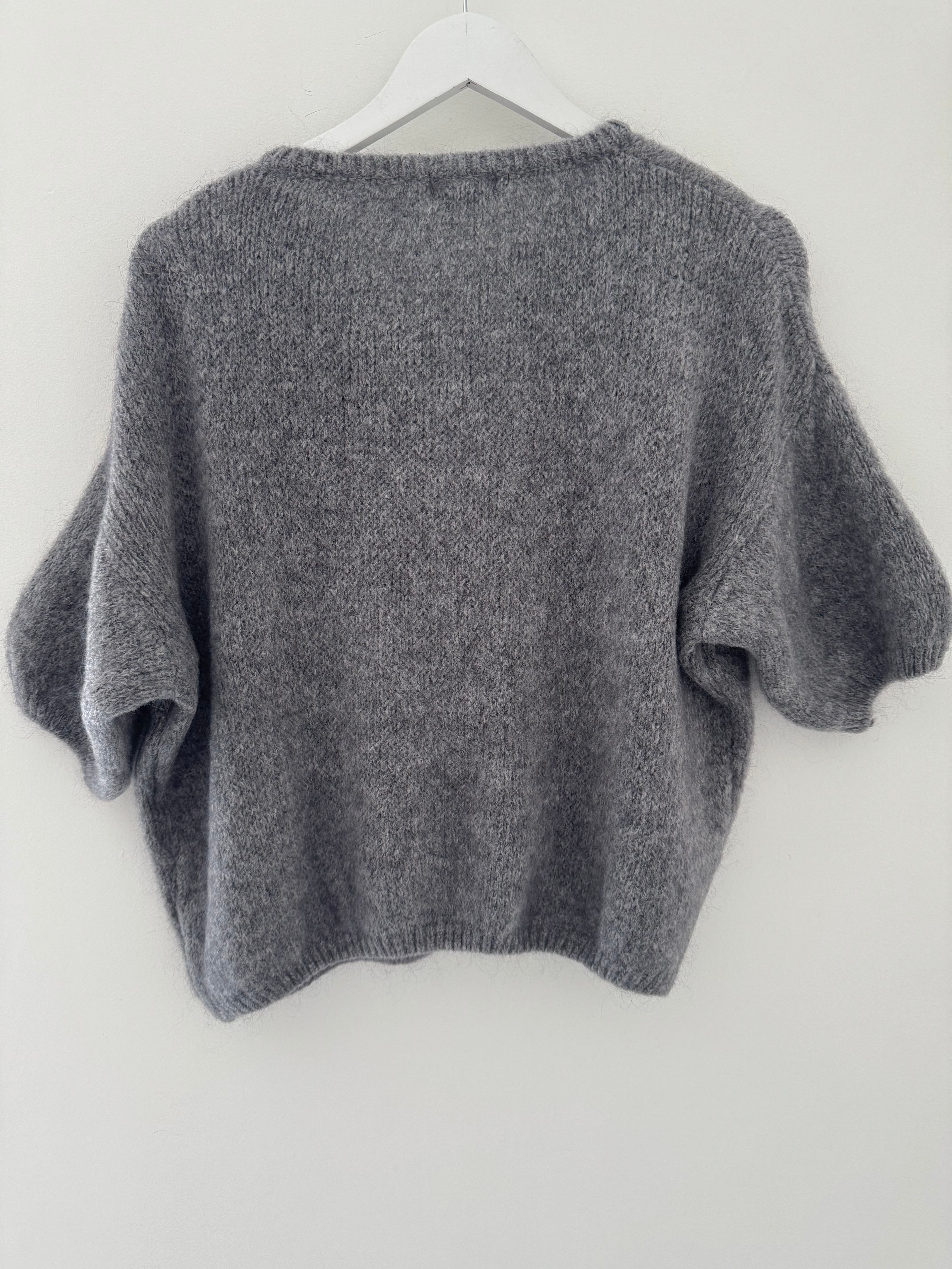 Cropped Sleeve Buttoned Cardi in Soft Charcoal