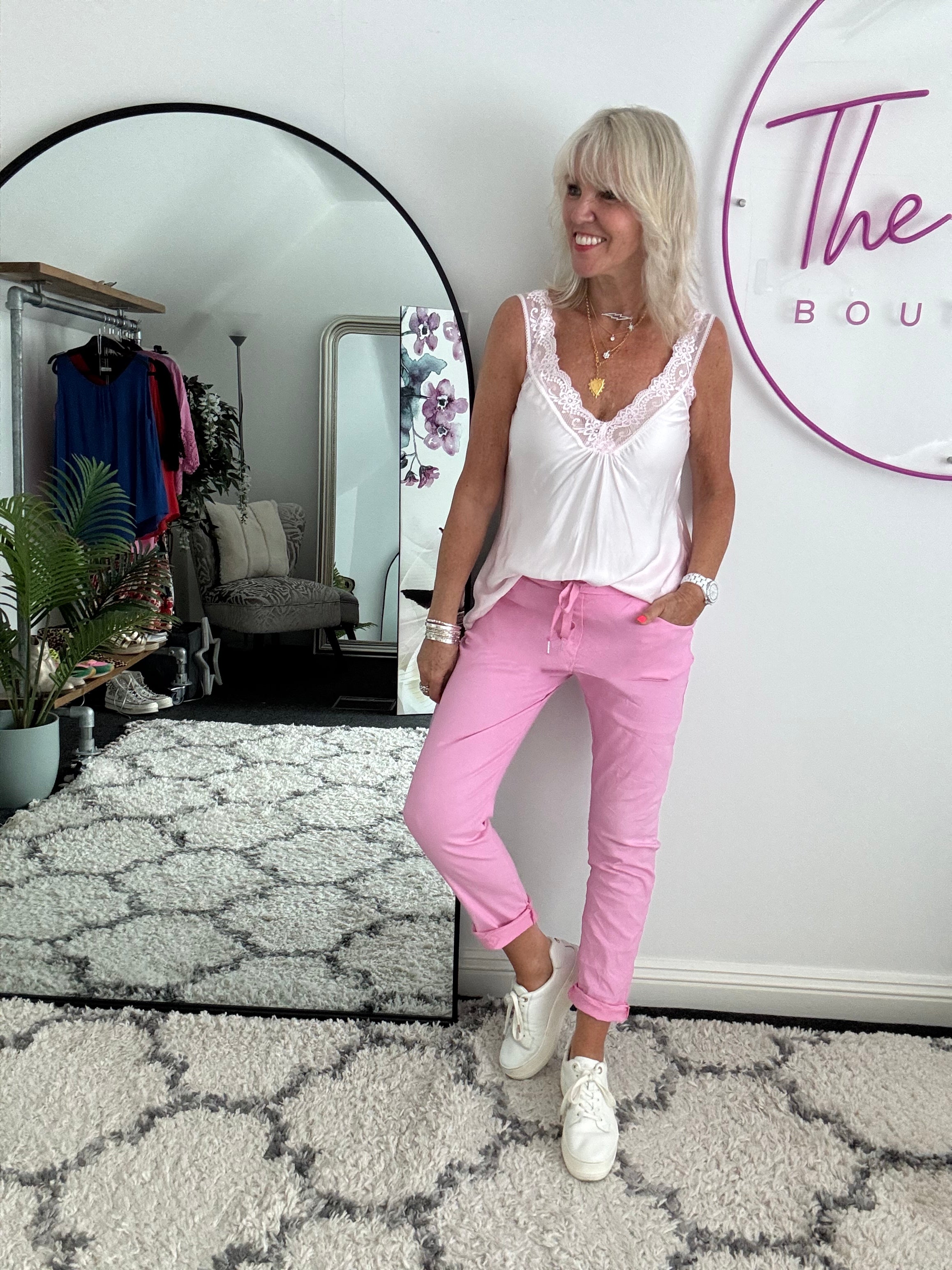 Lace Trim Silky Vest in Pink