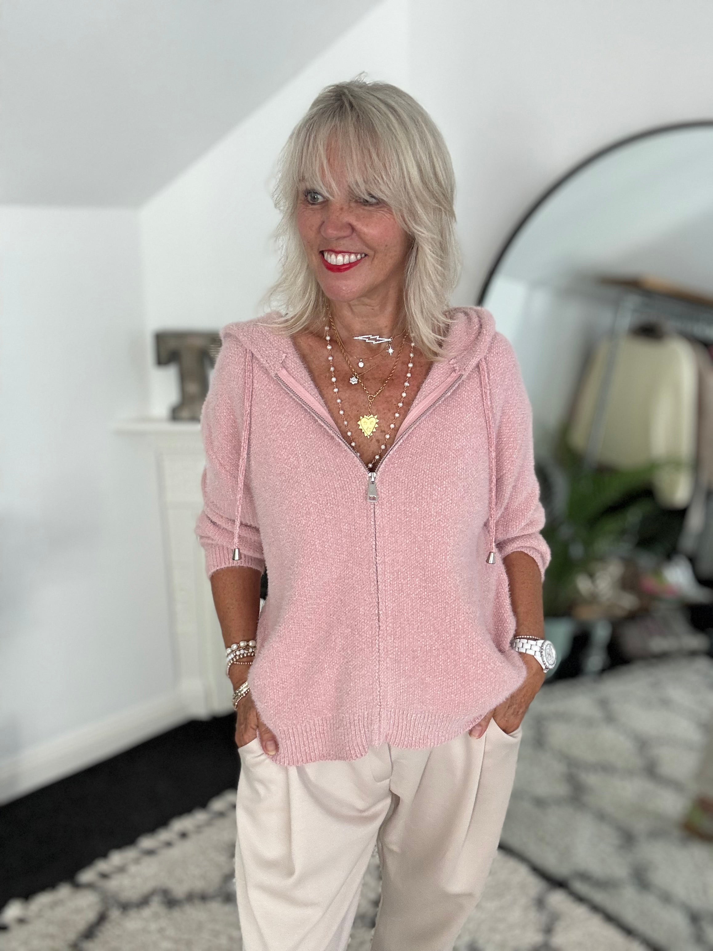 Soft Hooded Knit with Pockets in Pink