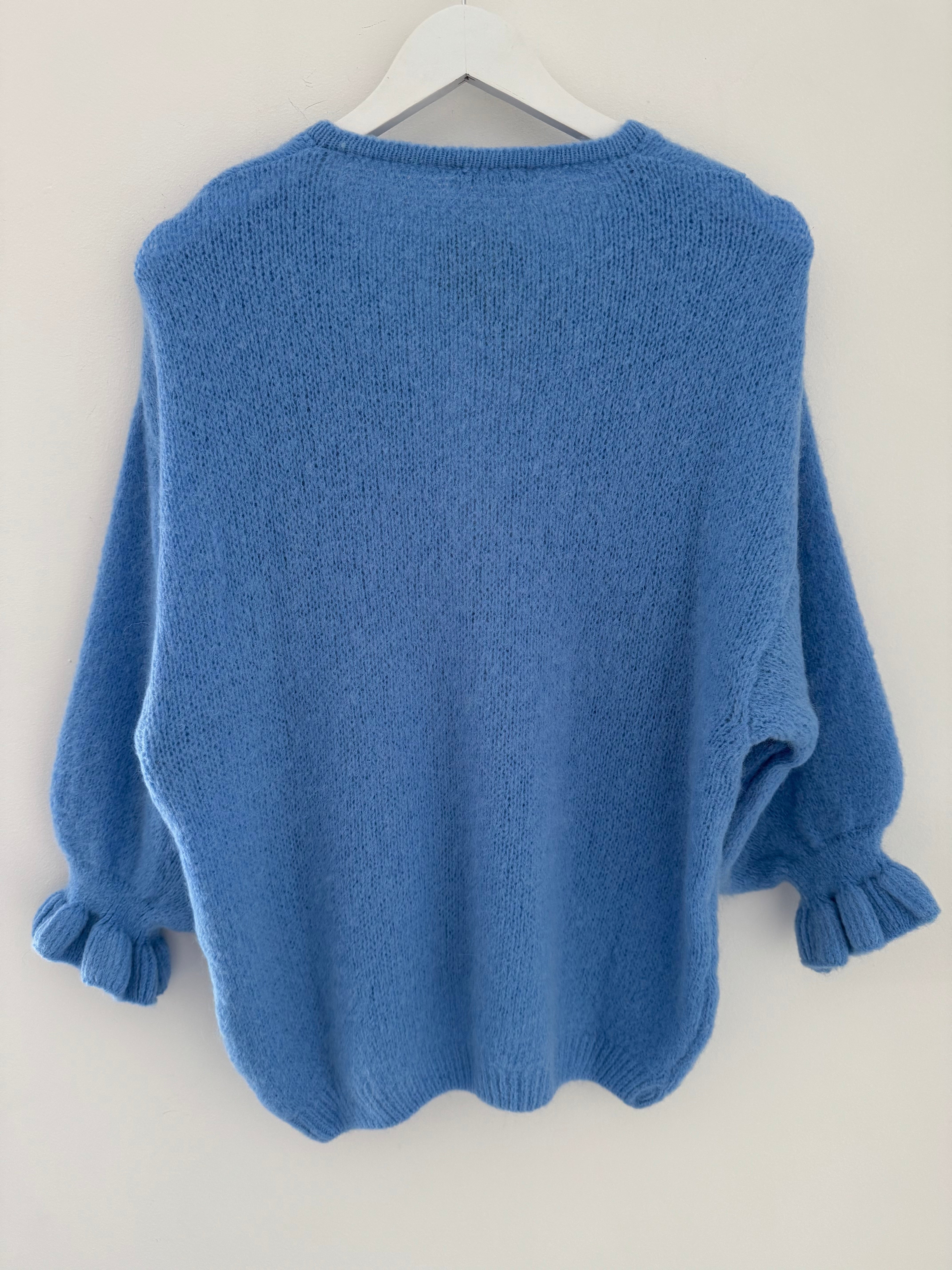 Alpaca Cardi with Frill Cuffs in Cornflower Blue